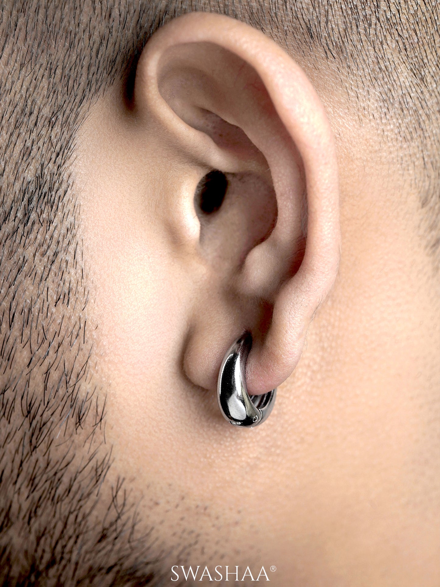 Kaizo Chunky Shiny Silver Men's Round Hoop Earrings