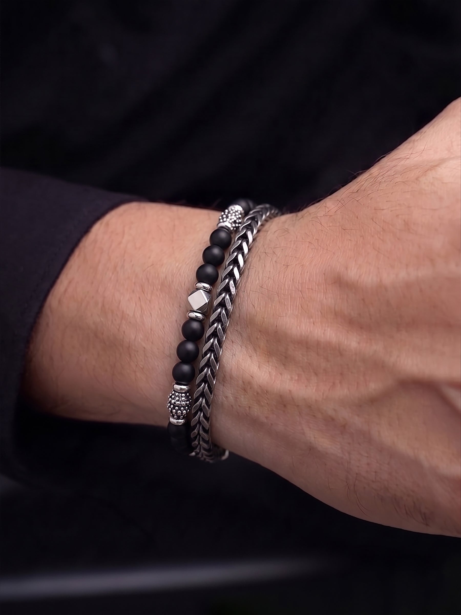 Kalen Beaded Black-Silver Men’s Bracelet - Swashaa
