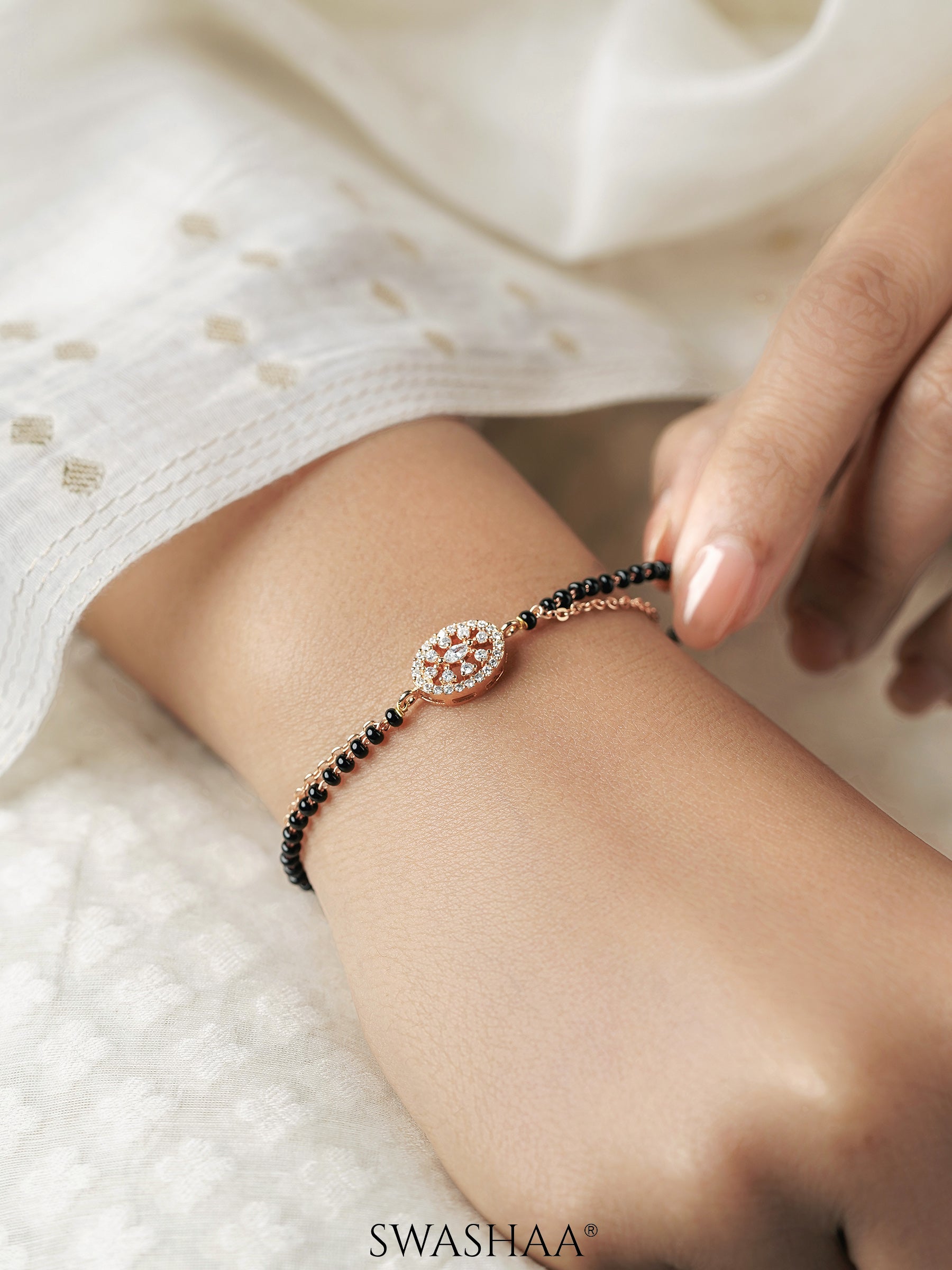 Kasak Shimmering White Marquise Stones Rosegold Plated Mangalsutra Bracelet