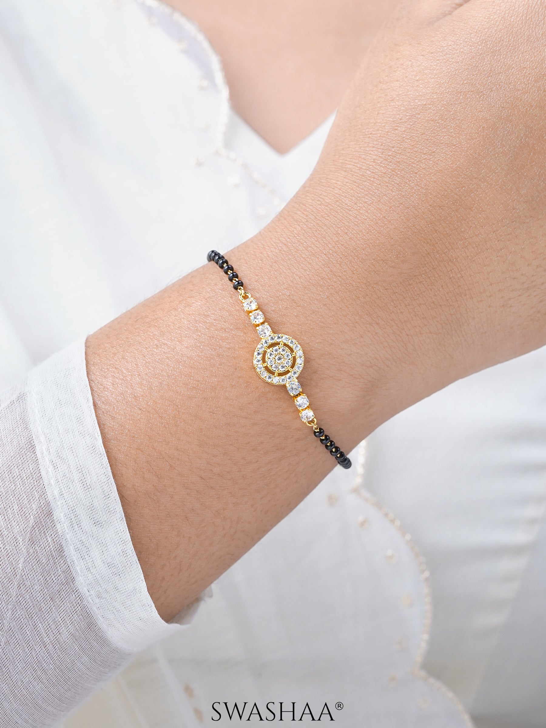 Kavira Circle Halo Shimmering CZ Diamond 18K Gold Plated Mangalsutra Bracelet