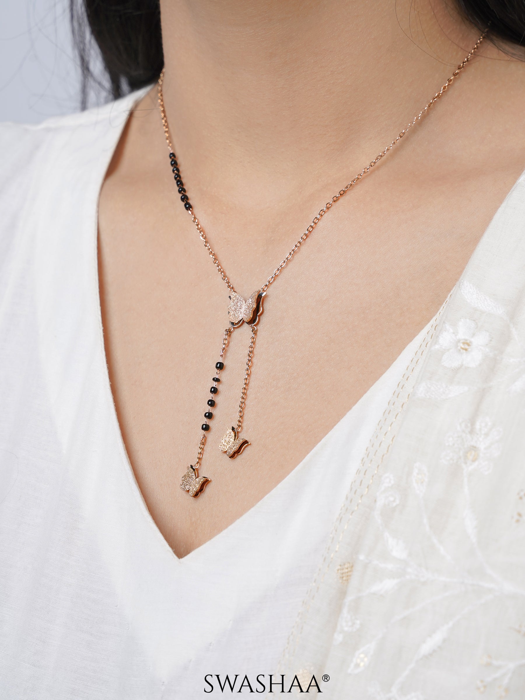 Kavya Butterfly Charm Rosegold Plated Pendant Mangalsutra