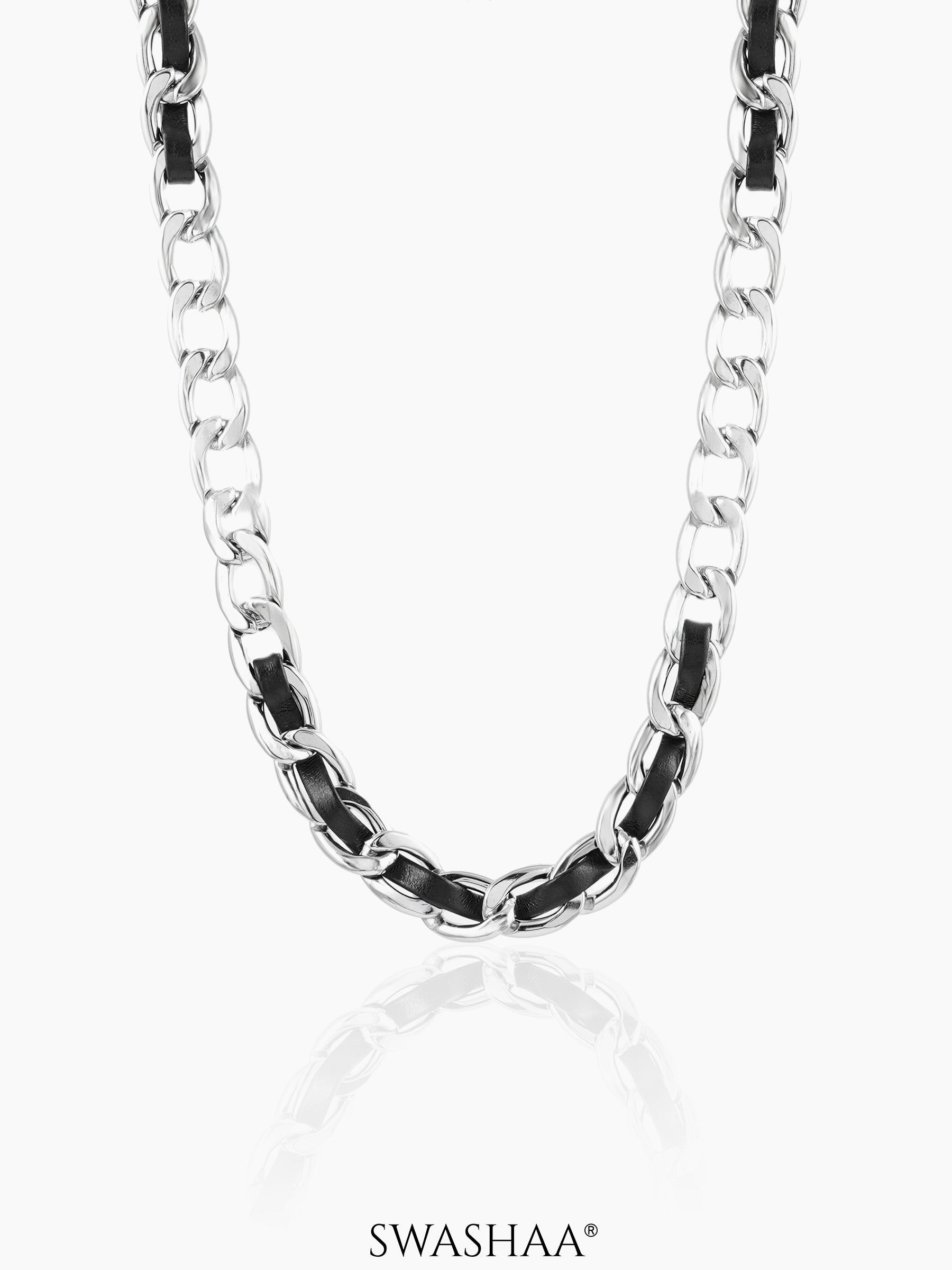 Kayne Leather Strip Silver Link Cuban Men's Chain