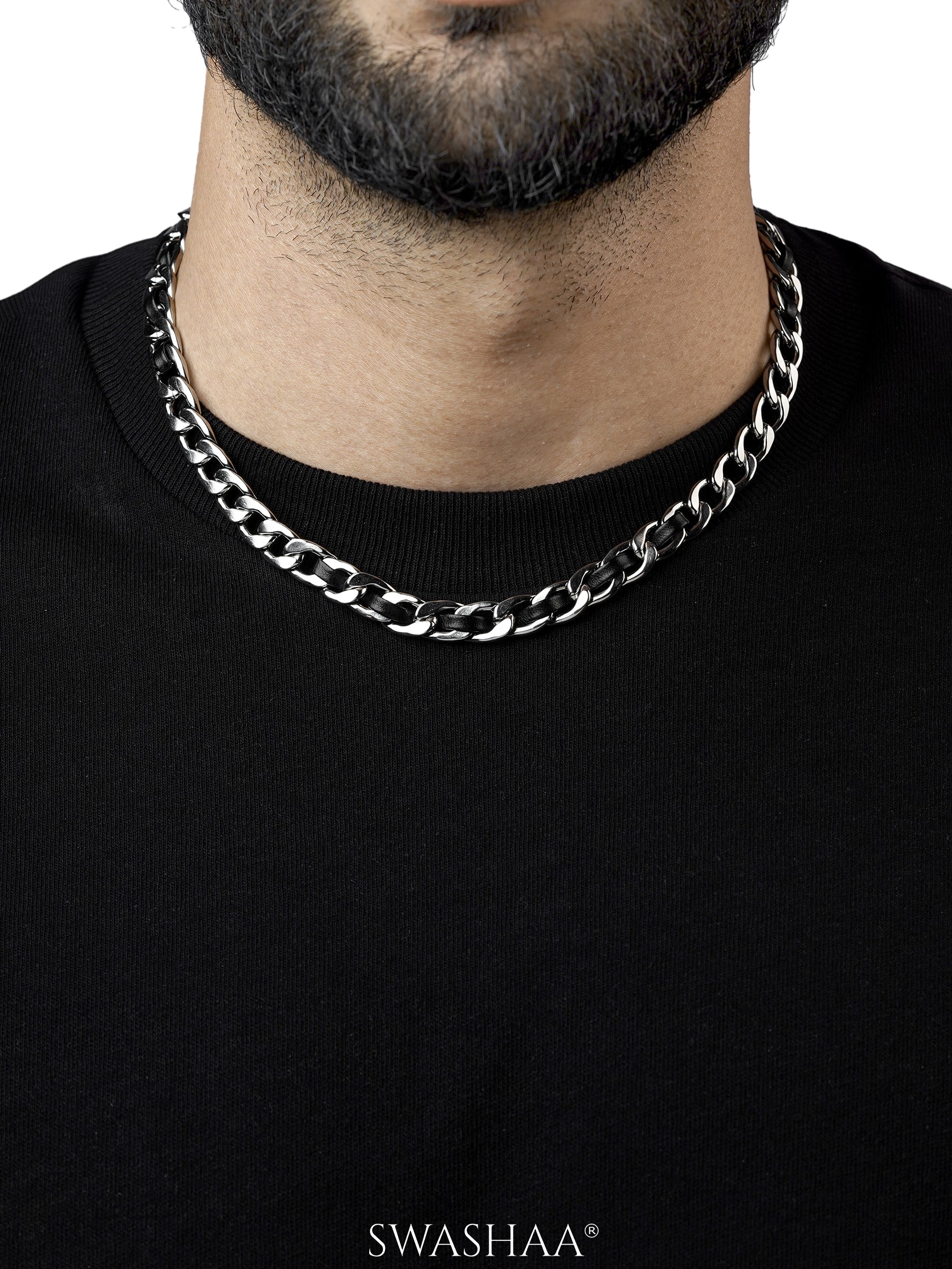 Kayne Leather Strip Silver Link Cuban Men's Chain