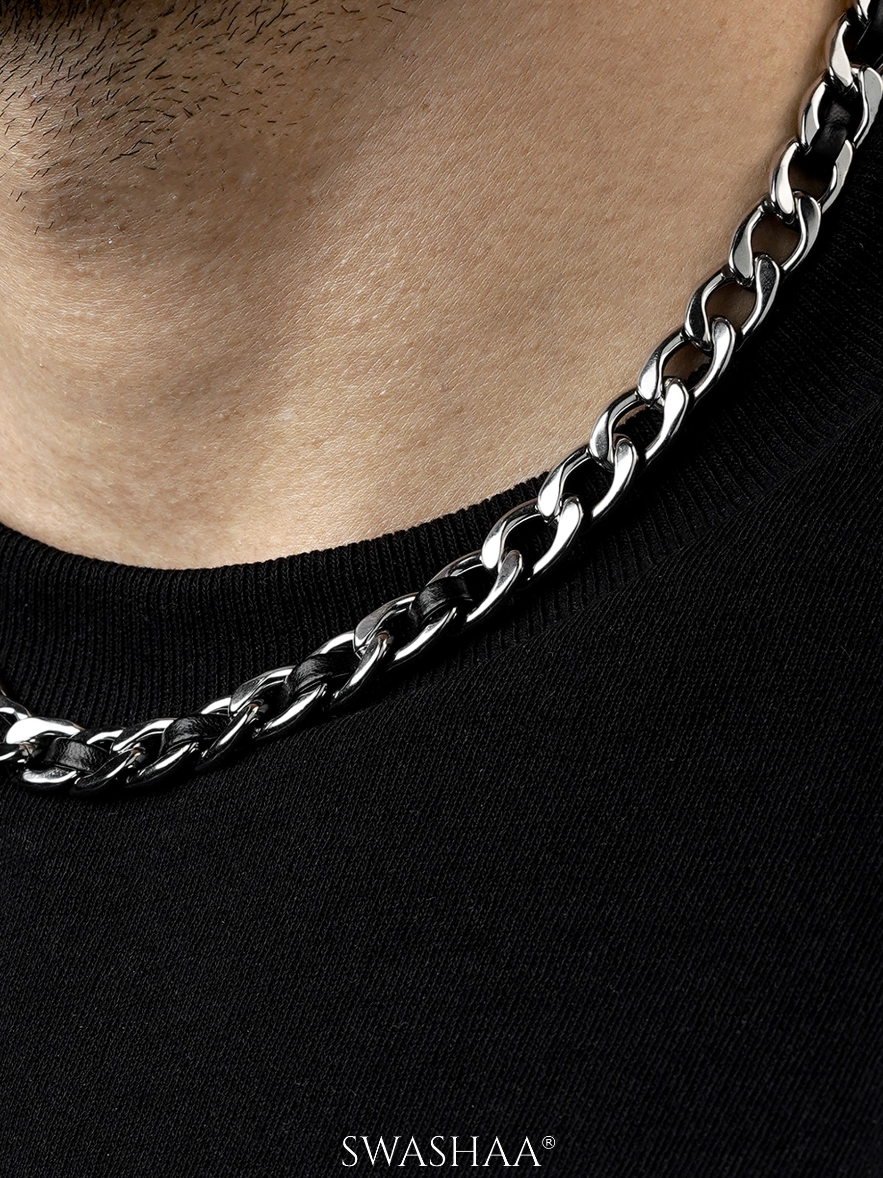 Kayne Leather Strip Silver Link Cuban Men's Chain