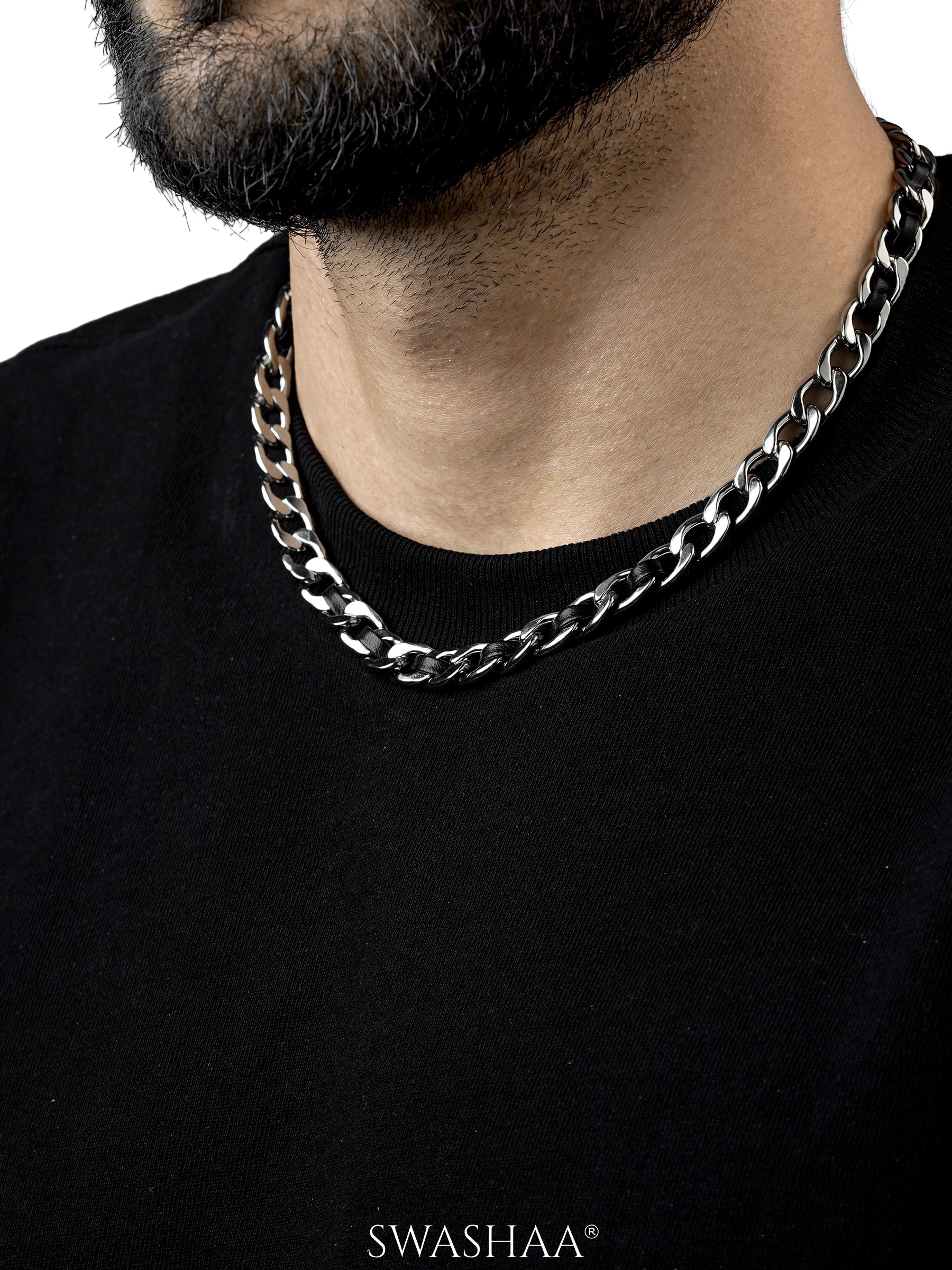 Kayne Leather Strip Silver Link Cuban Men's Chain