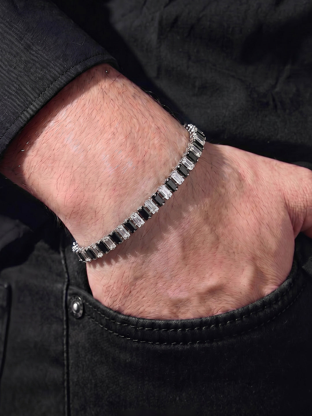 Kelora Black Silver Diamond Men's Tennis Loose Bracelet