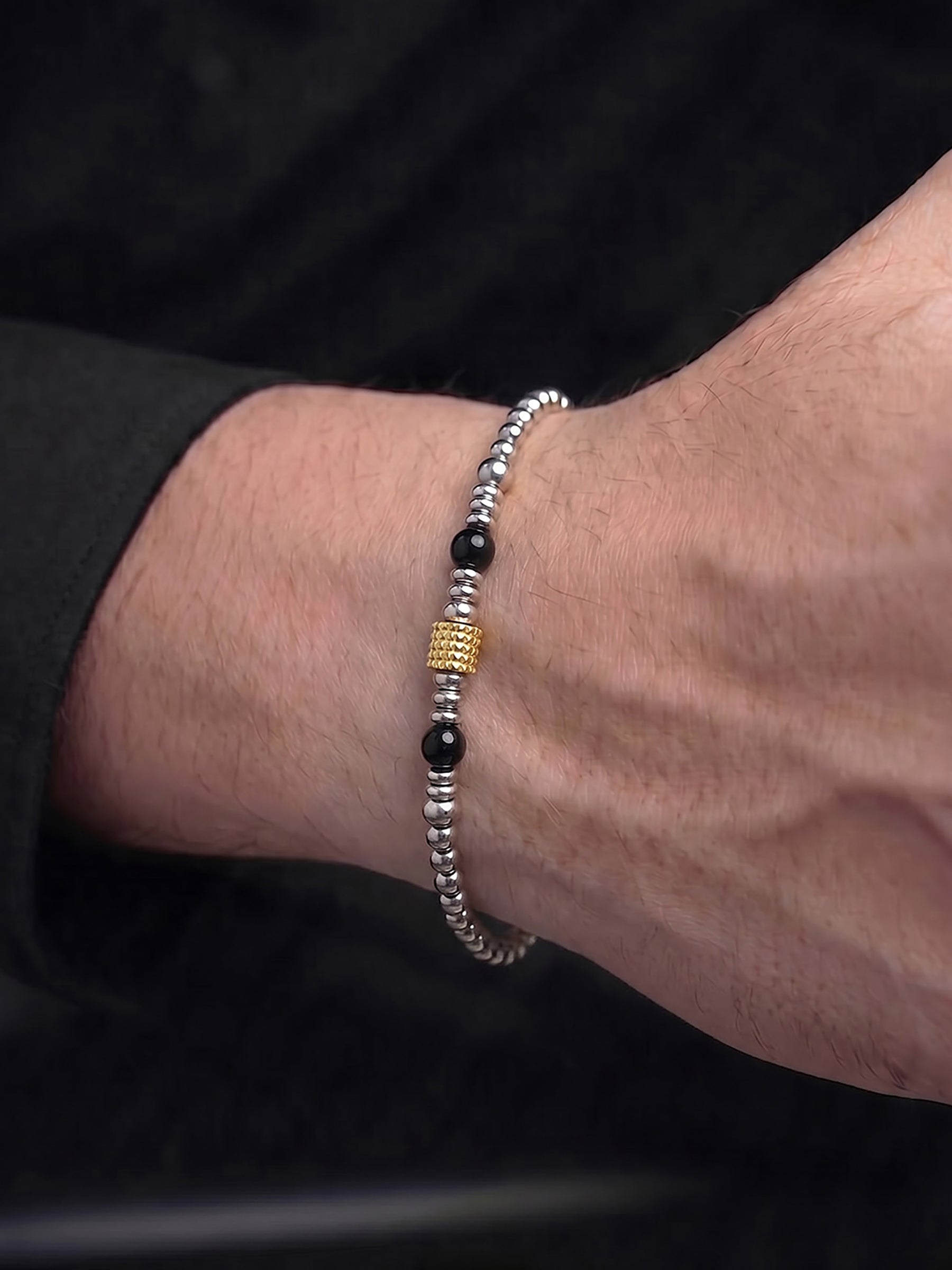 Kelvorn Noir Black Beads Two Tone Men's Loose Chain Bracelet