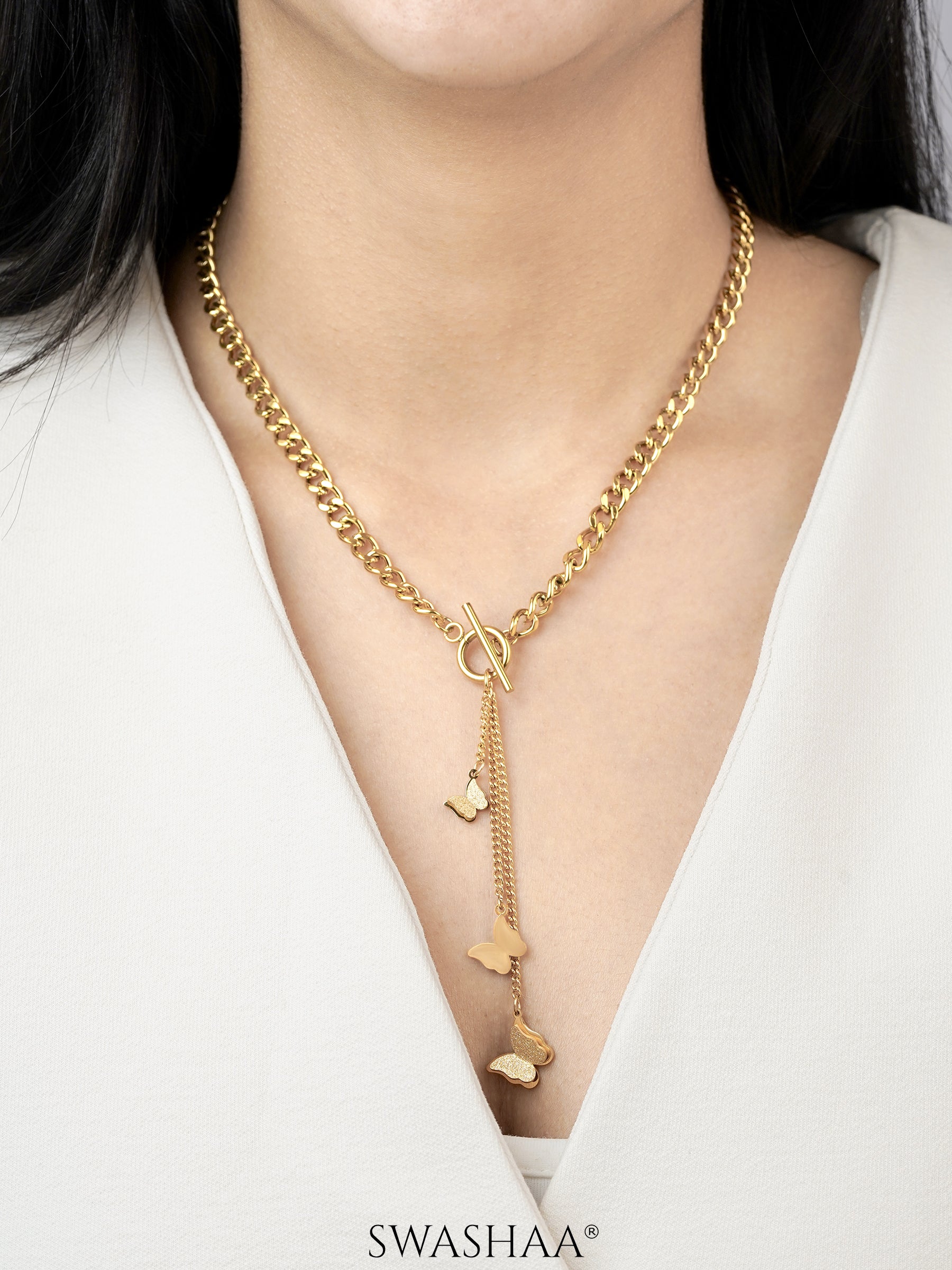 Kenya Butterfly Charm Toggle Clasp Y-Shaped 18K Gold Plated Chain Pendant Necklace