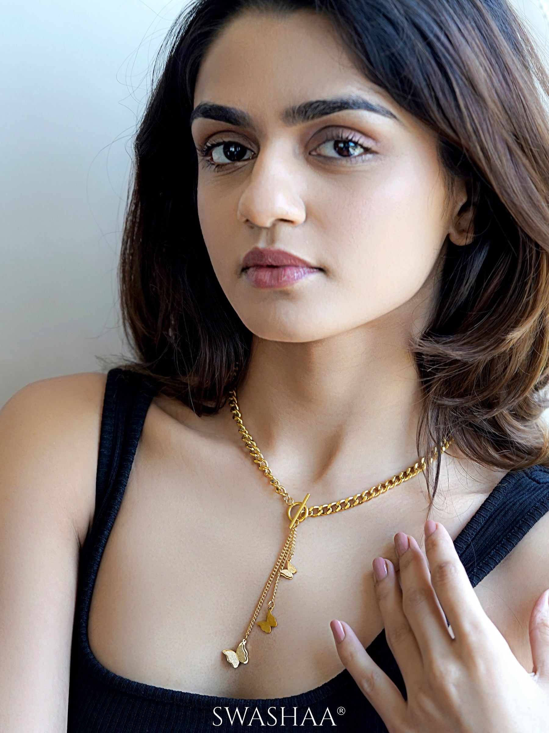 Kenya Butterfly Charm Toggle Clasp Y-Shaped 18K Gold Plated Chain Pendant Necklace