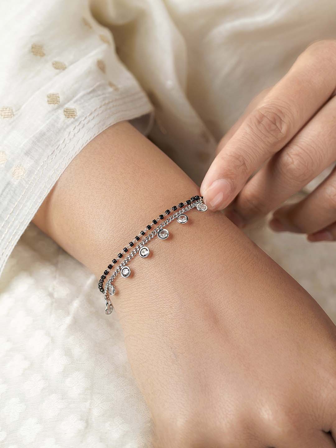 Kiara Diamond Charms Doubled Layered SIlver Mangalsutra Bracelet
