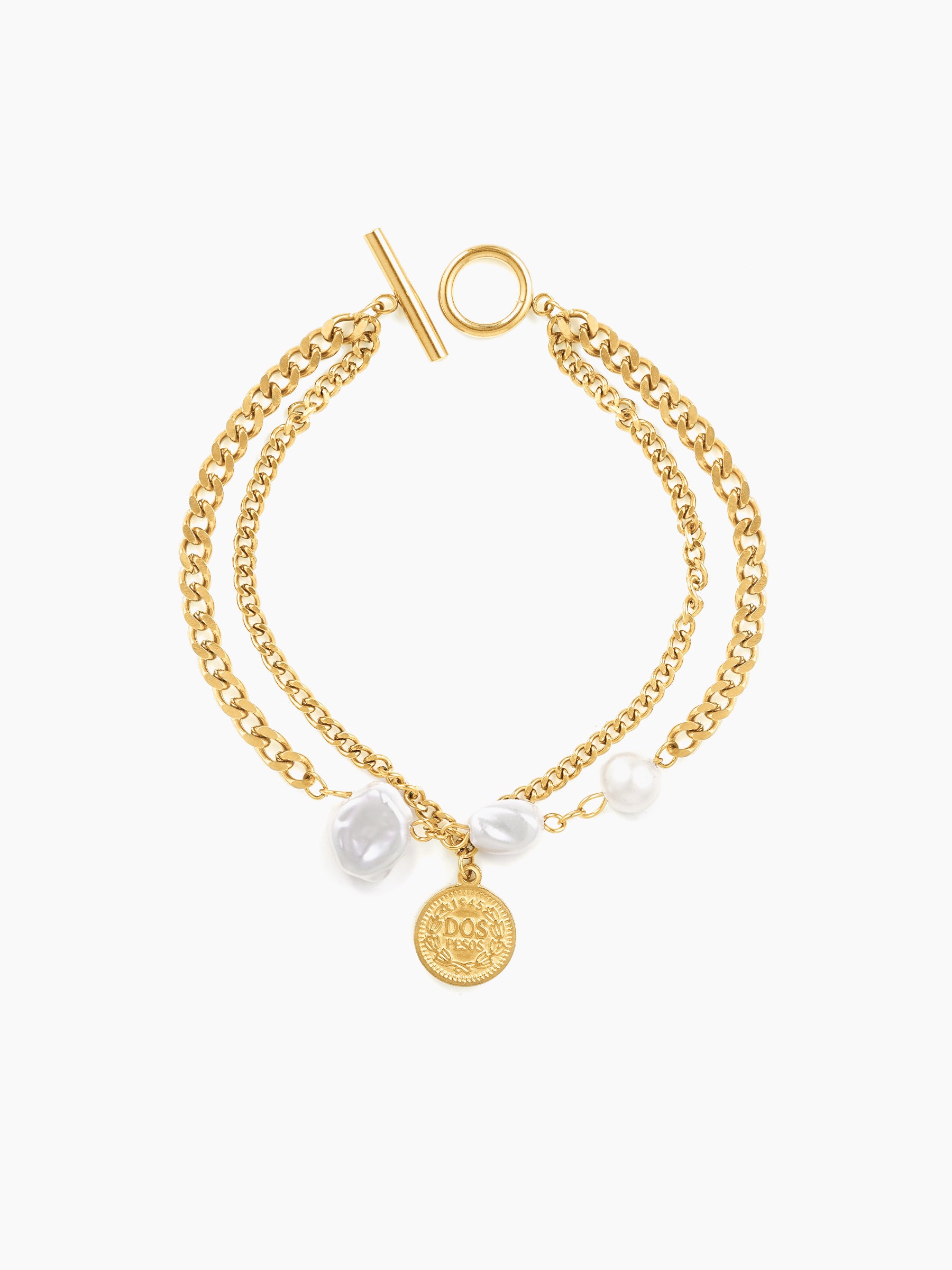 Kinna Pearl Charm Toggle Clasp18K Gold Plated Loose Chain Bracelet