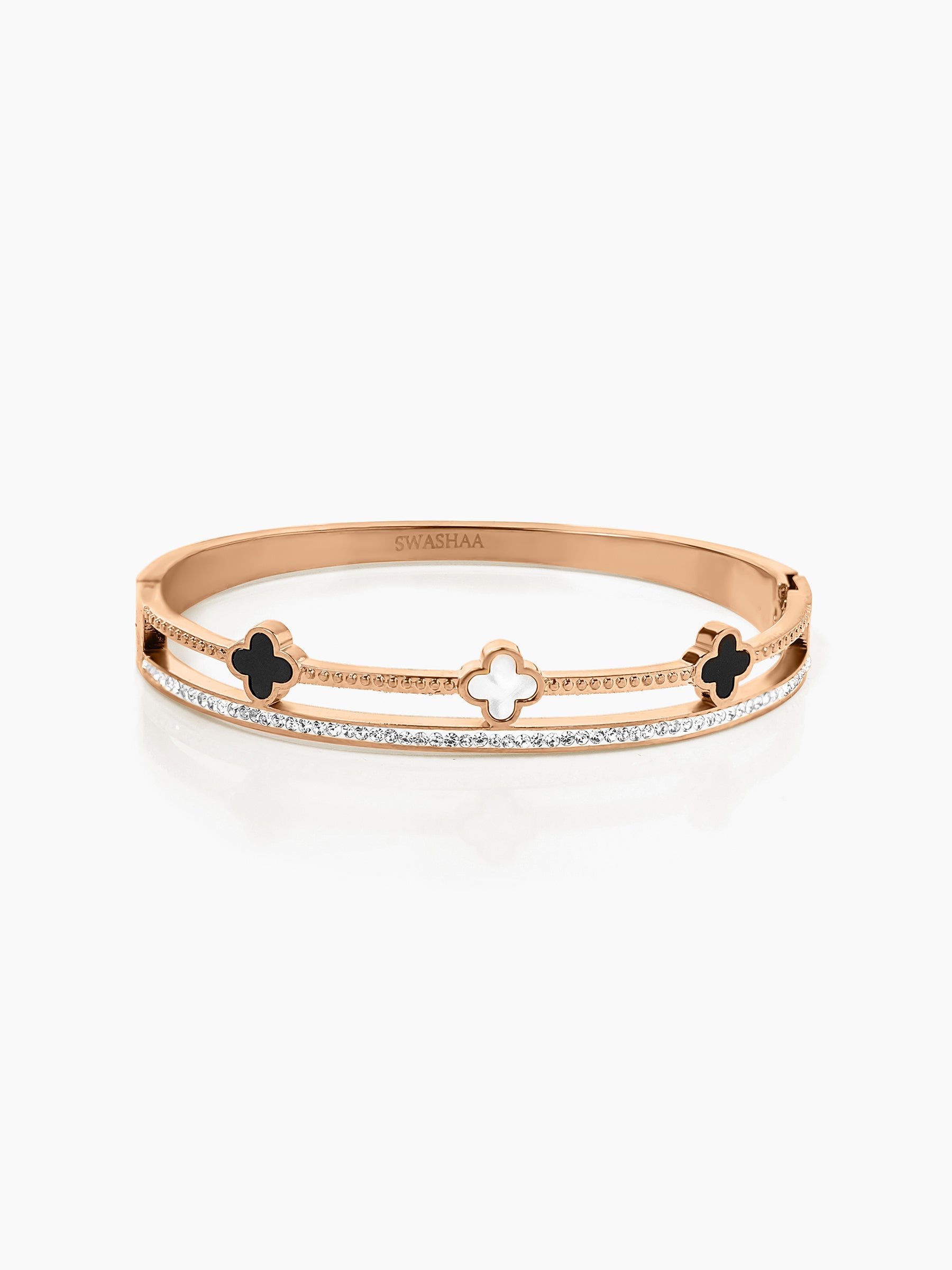 Kinsley Twin Layered Black White Clover Charm Diamond Rosegold Plated Bracelet