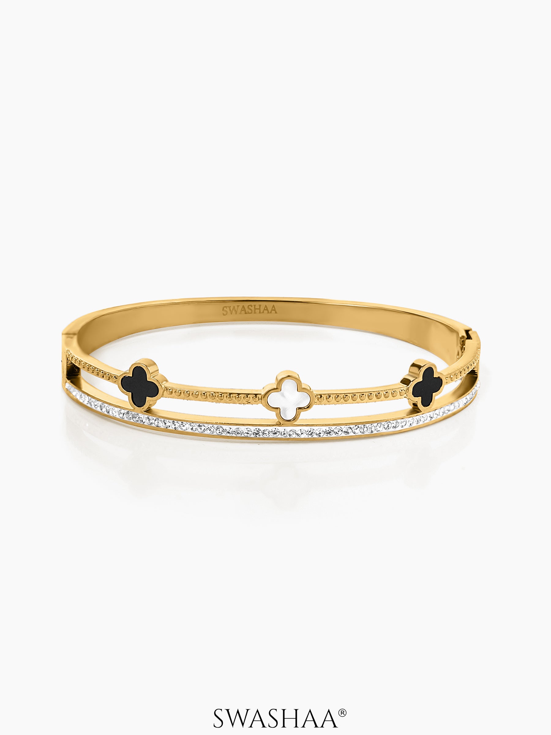 Kinsley Twin Layered Black White Clover Charm Diamond 18K Gold Plated Bracelet