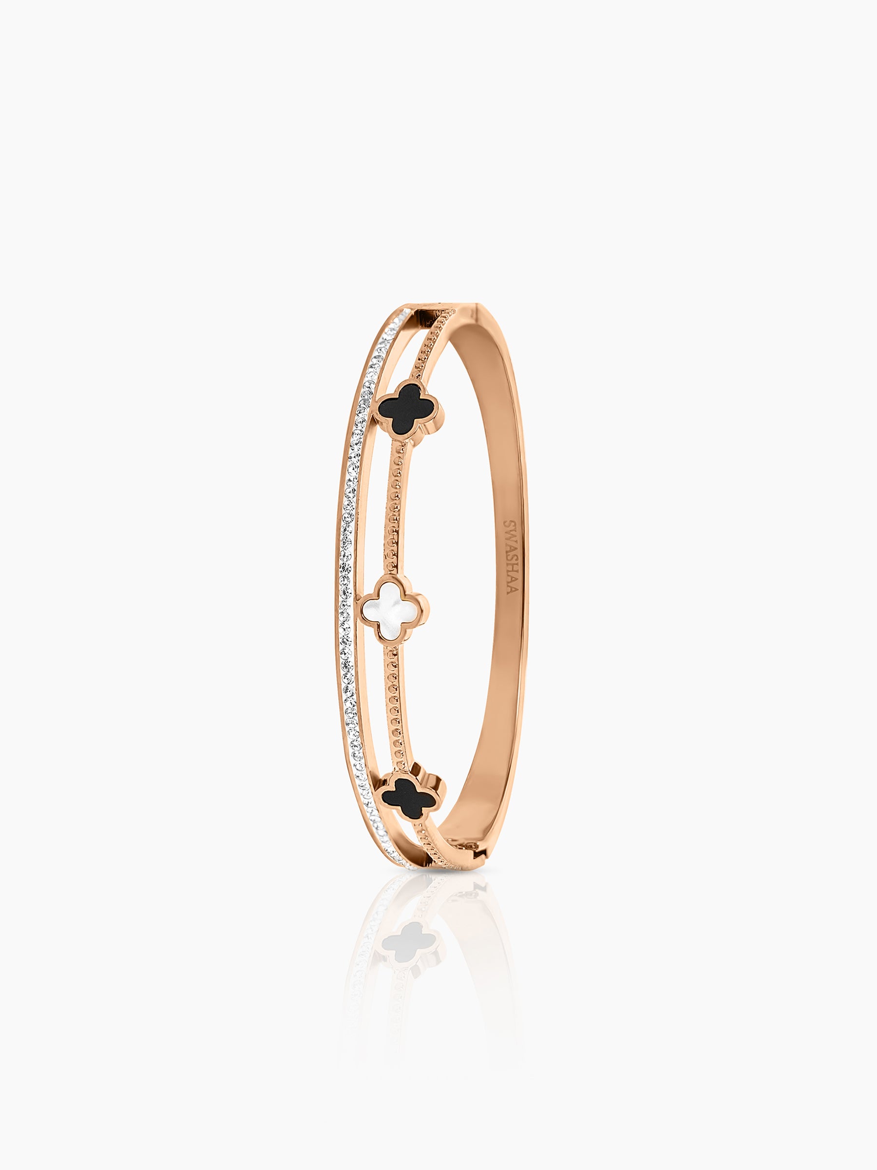 Kinsley Twin Layered Black White Clover Charm Diamond Rosegold Plated Bracelet