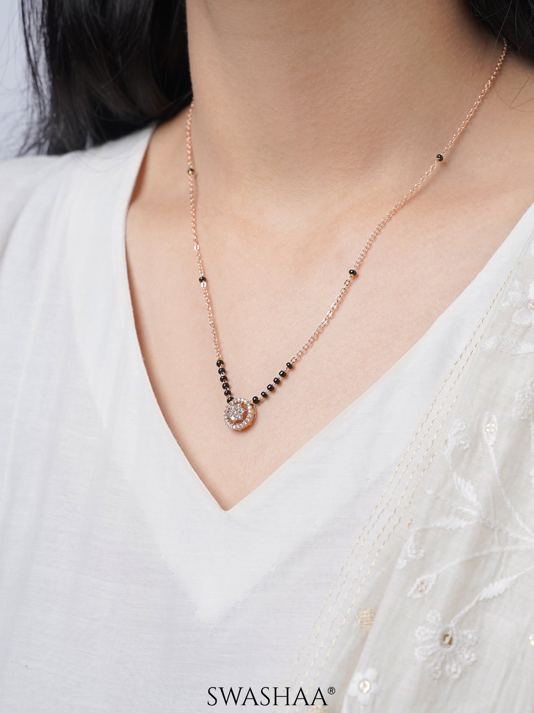 Kisna Circular Diamond Charm Rosegold Plated Mangalsutra