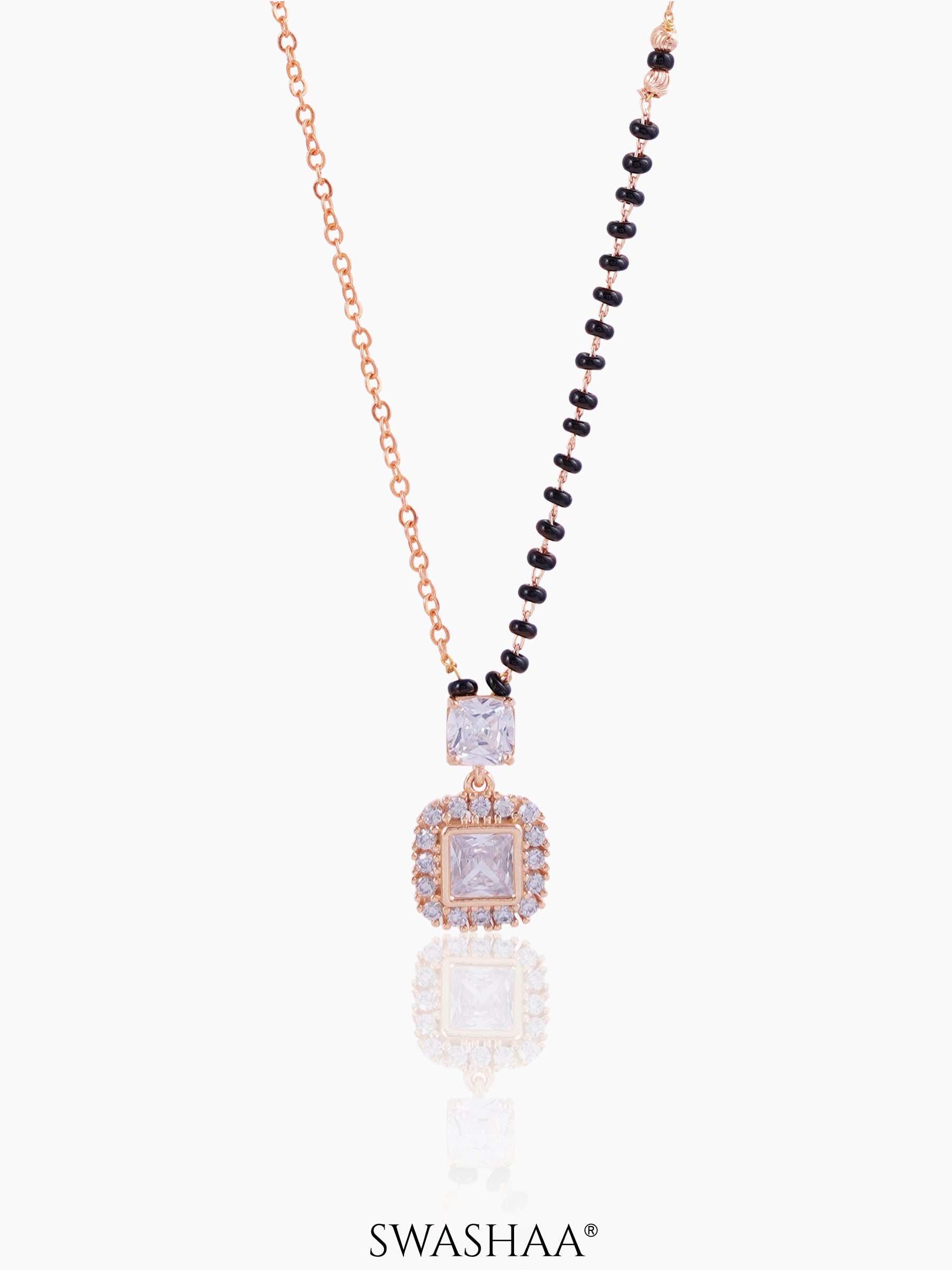 Kissha Square Cut Diamond Solitaire Rosegold Plated Pendant Mangalsutra