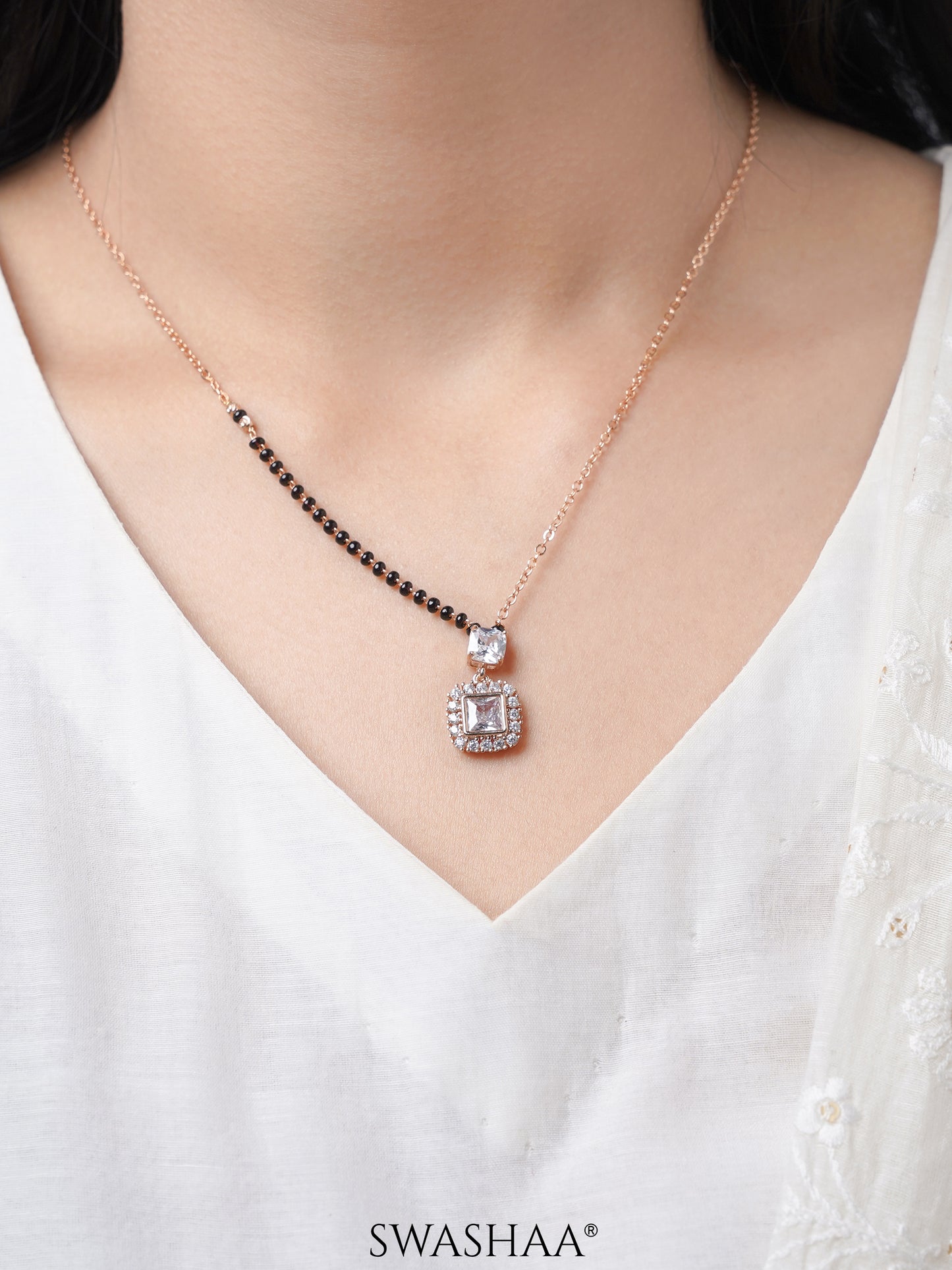 Kissha Square Cut Diamond Solitaire Rosegold Plated Pendant Mangalsutra