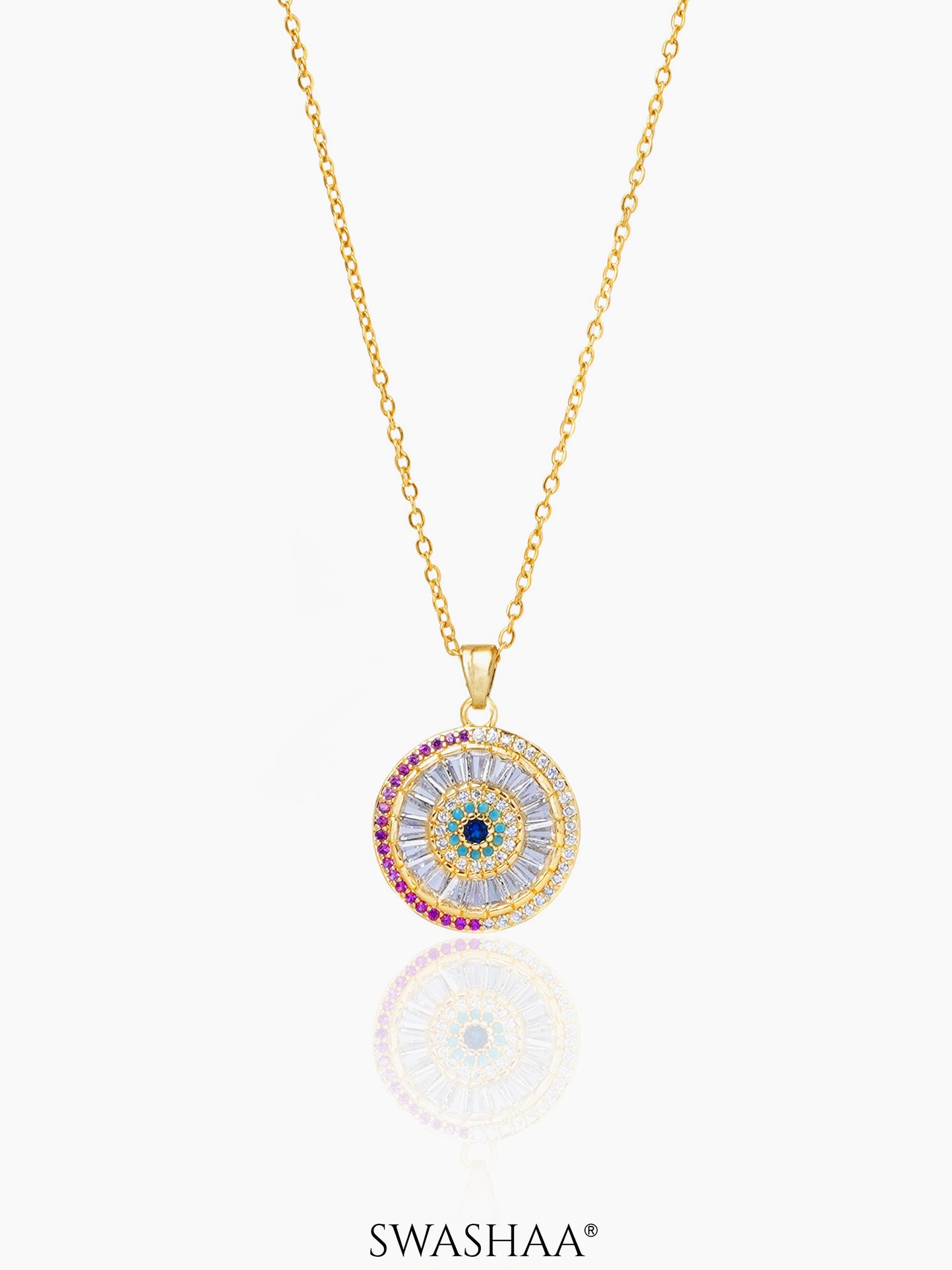 Kora Rainbow baguette Blue Evil Eye Pink Stones 18K Gold Plated Chain Pendant Necklace