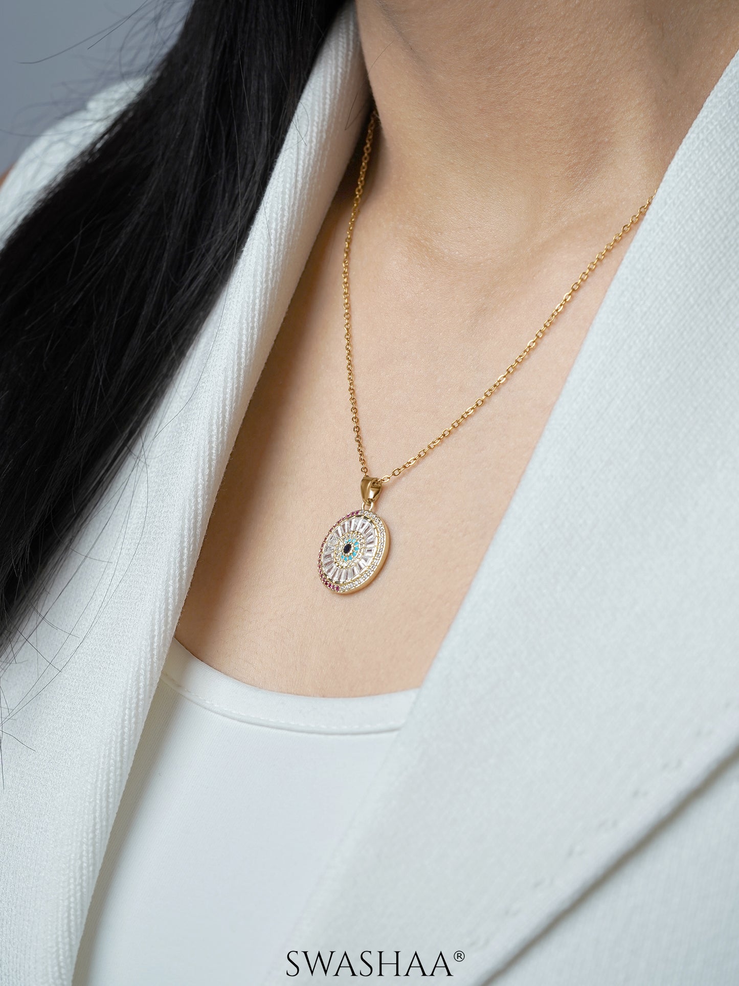 Kora Rainbow baguette Blue Evil Eye Pink Stones 18K Gold Plated Chain Pendant Necklace