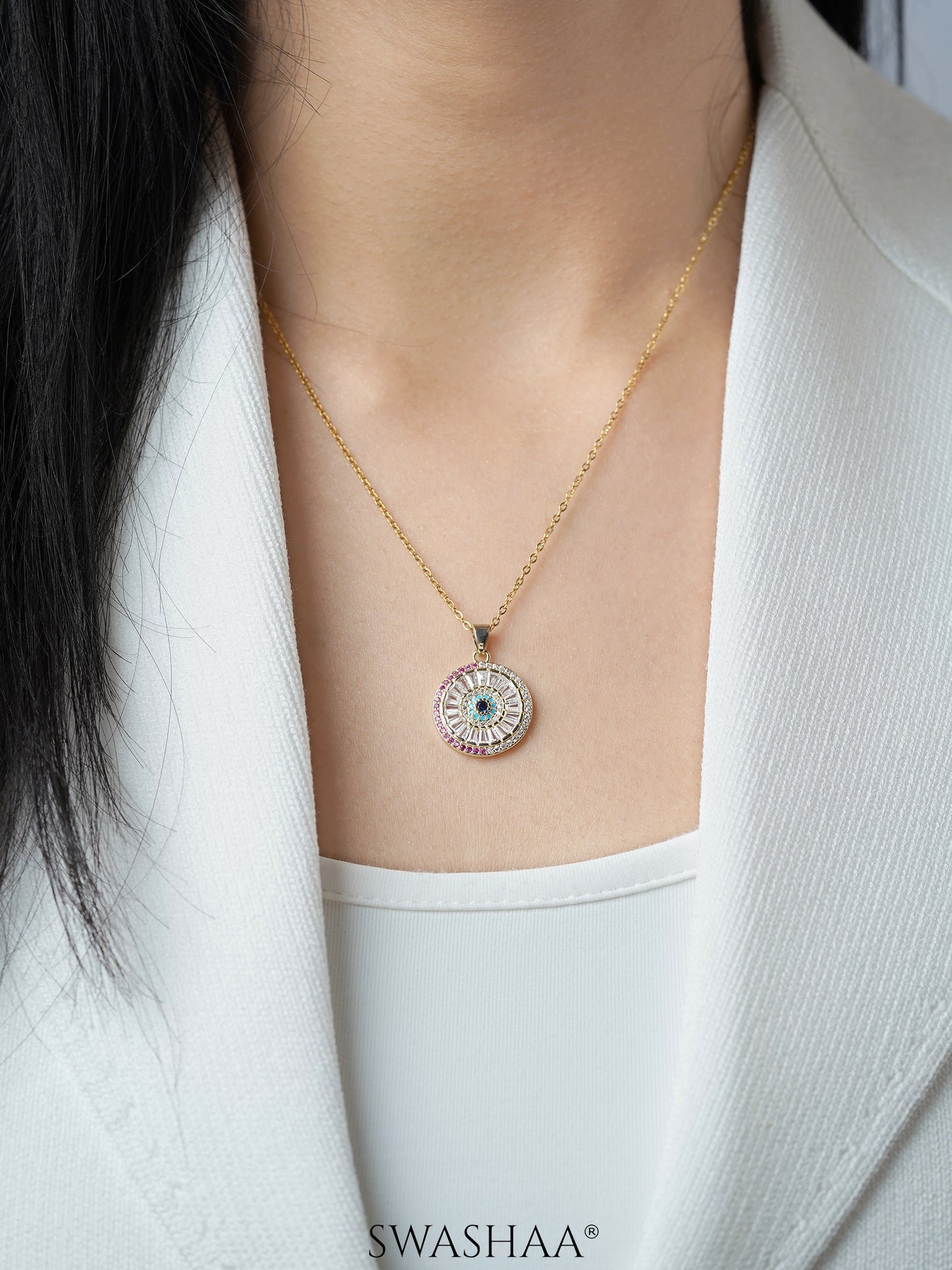 Kora Rainbow baguette Blue Evil Eye Pink Stones 18K Gold Plated Chain Pendant Necklace