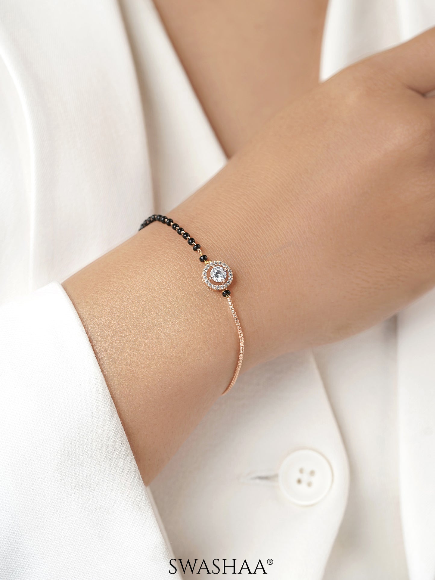 Krina Circular Diamond Solitaire Rosegold Plated Mangalsutra Bracelet