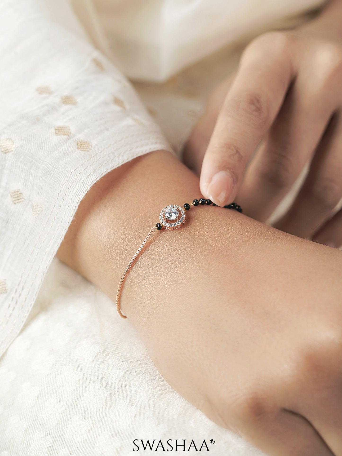 Krina Circular Diamond Solitaire Rosegold Plated Mangalsutra Bracelet