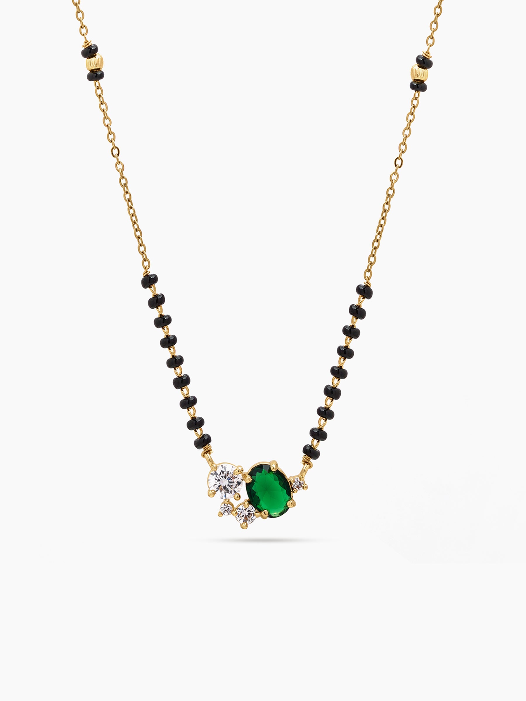 Krisha Green Emerald Stone Diamond 18K Gold Plated Women's Chain Pendant Mangalsutra Necklace