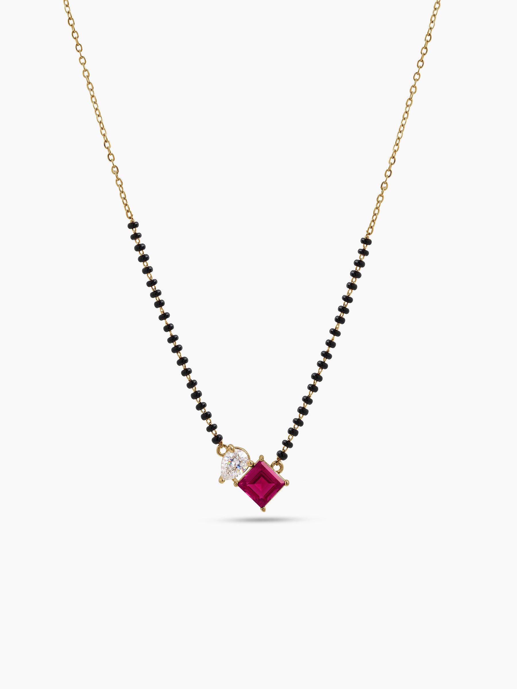 Kruti Pink Ruby Stone Pear Diamond 18K Gold Plated Women's Chain Pendant Mangalsutra Necklace