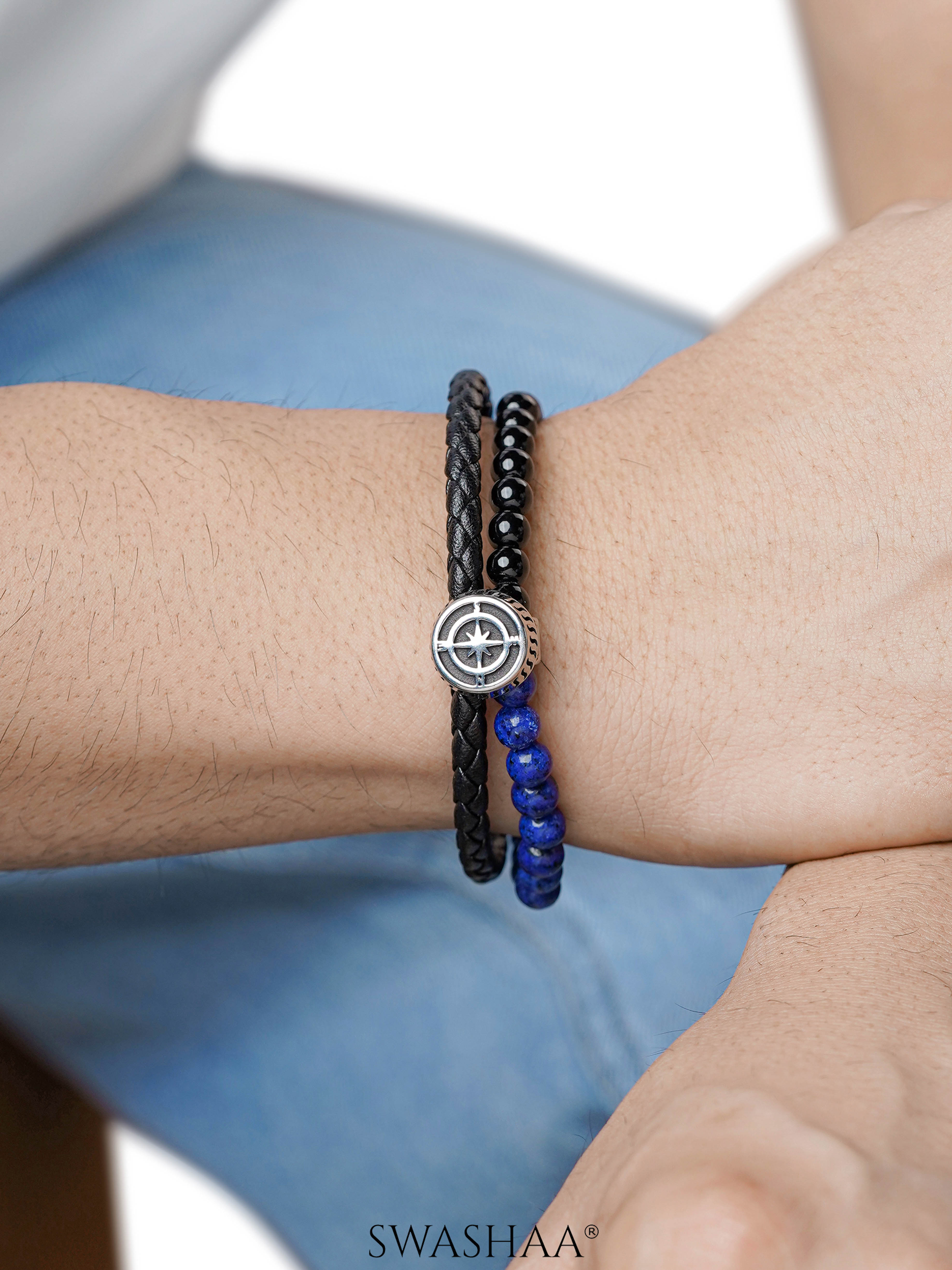 Kseas Blue Black Beads Layered Compass Charm Men's Leather Bracelet