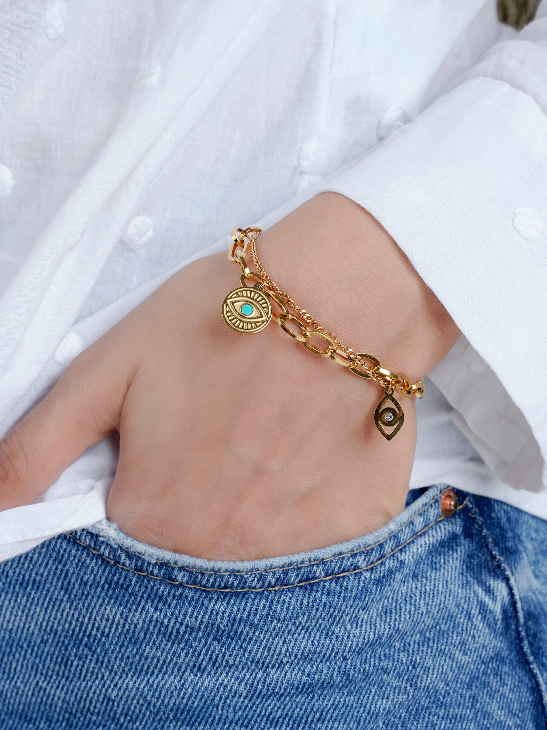 Larla Turquoise Evil Eye Charms Link Curb 18K Gold Plated Loose Chain Bracelet