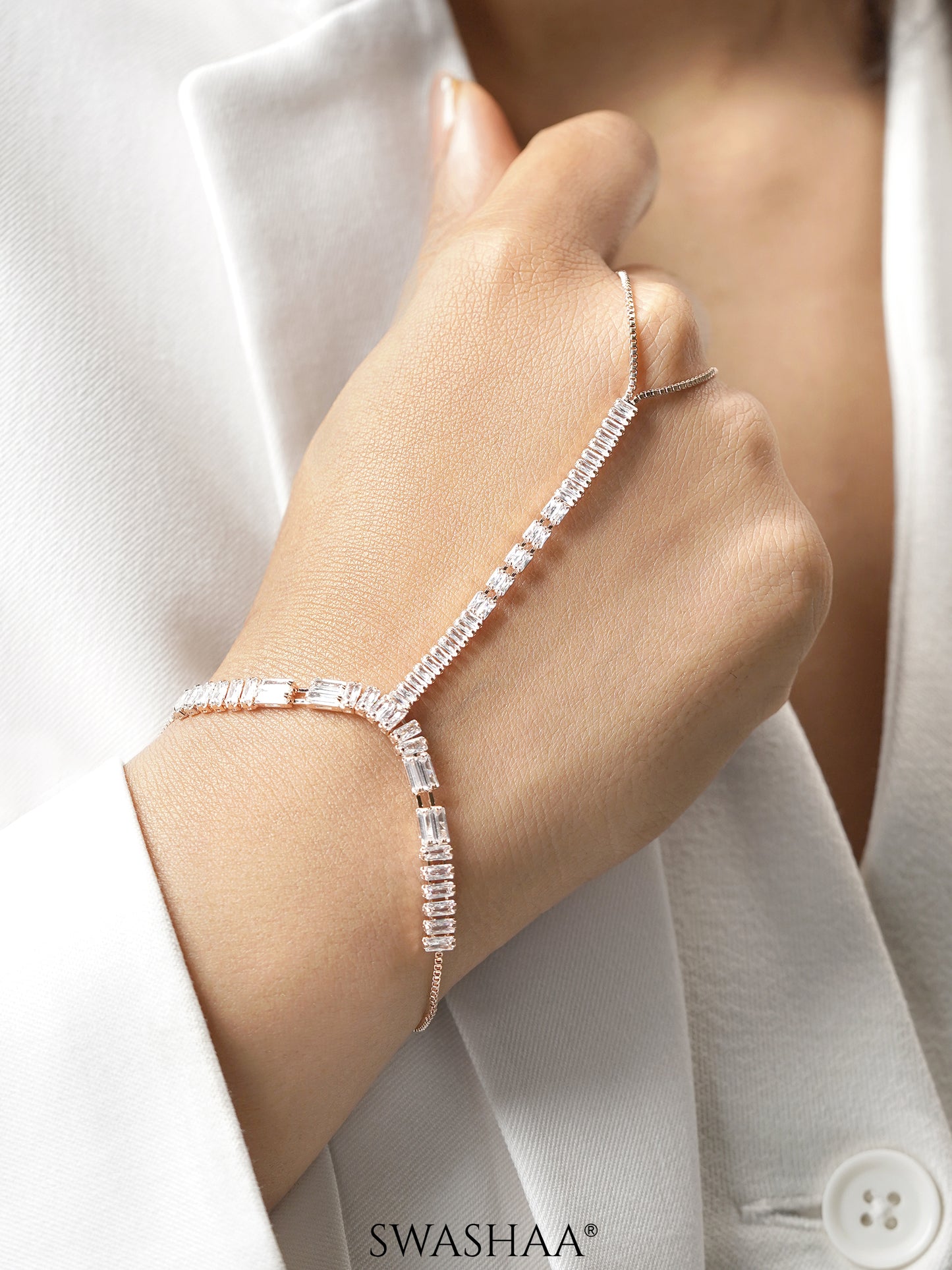 Lakshya Baguette Diamond Crystals Rosegold Plated Ring Bracelet