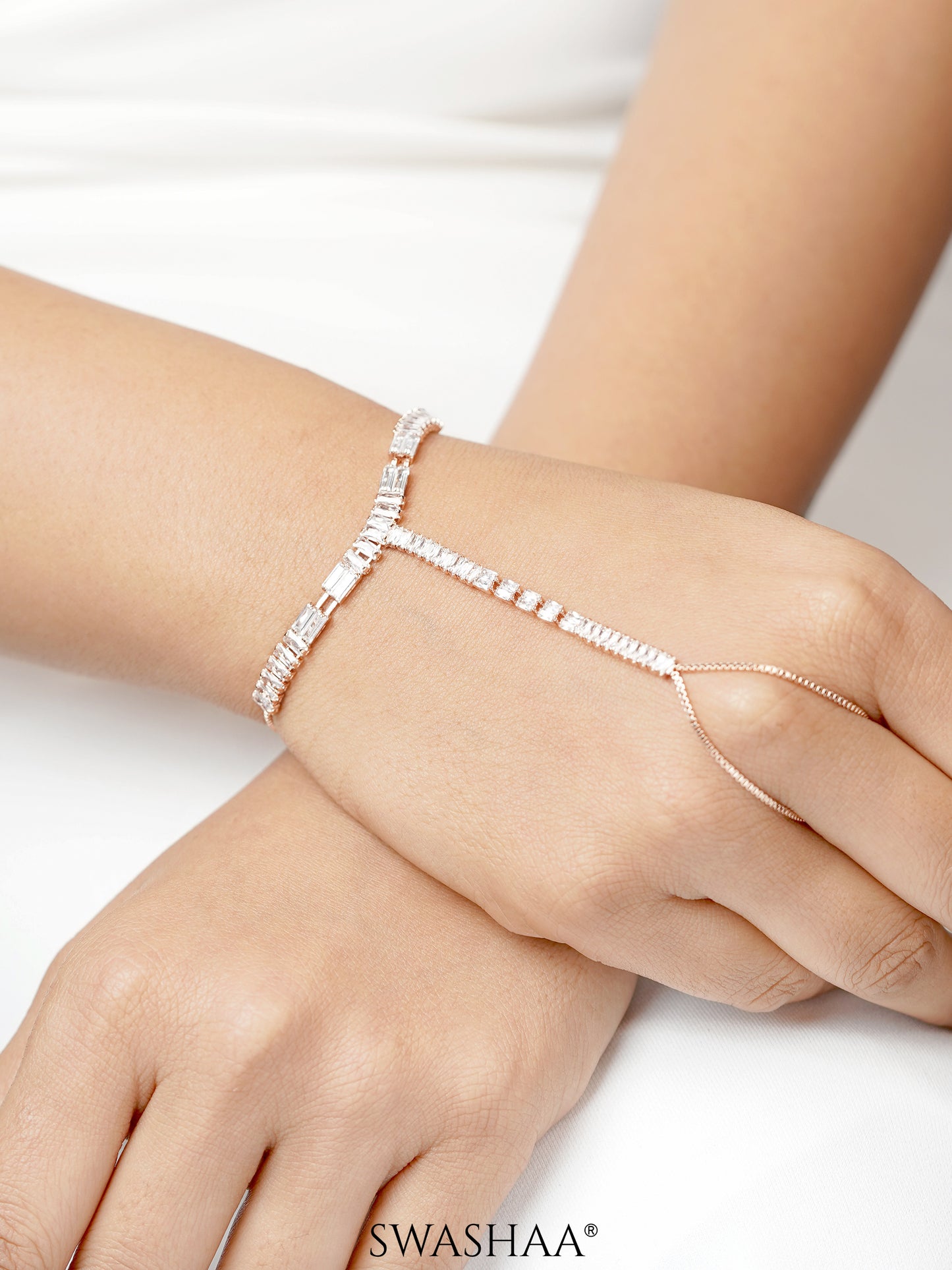 Lakshya Baguette Diamond Crystals Rosegold Plated Ring Bracelet