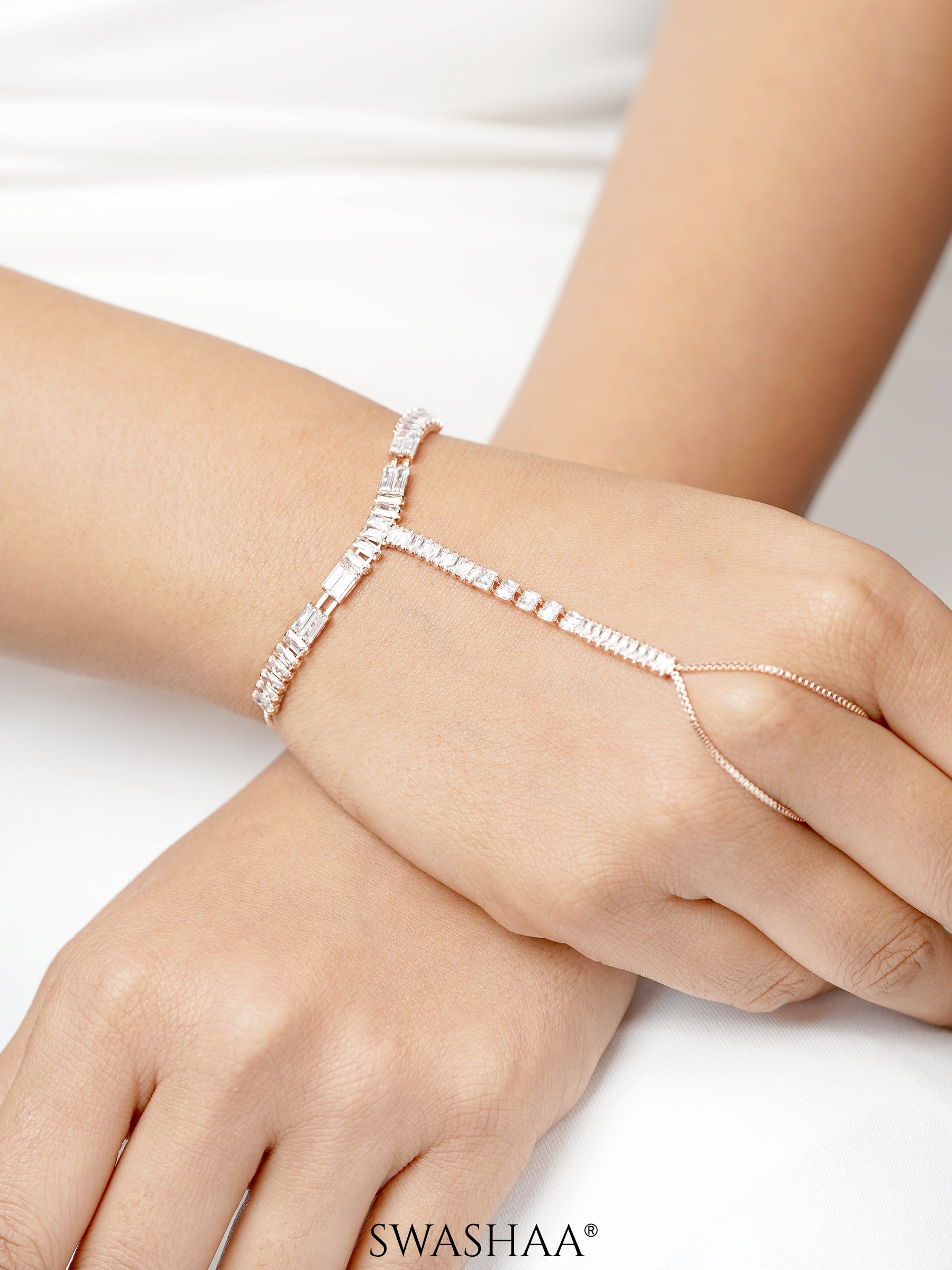 Lakshya Baguette Diamond Crystals Rosegold Plated Ring Bracelet