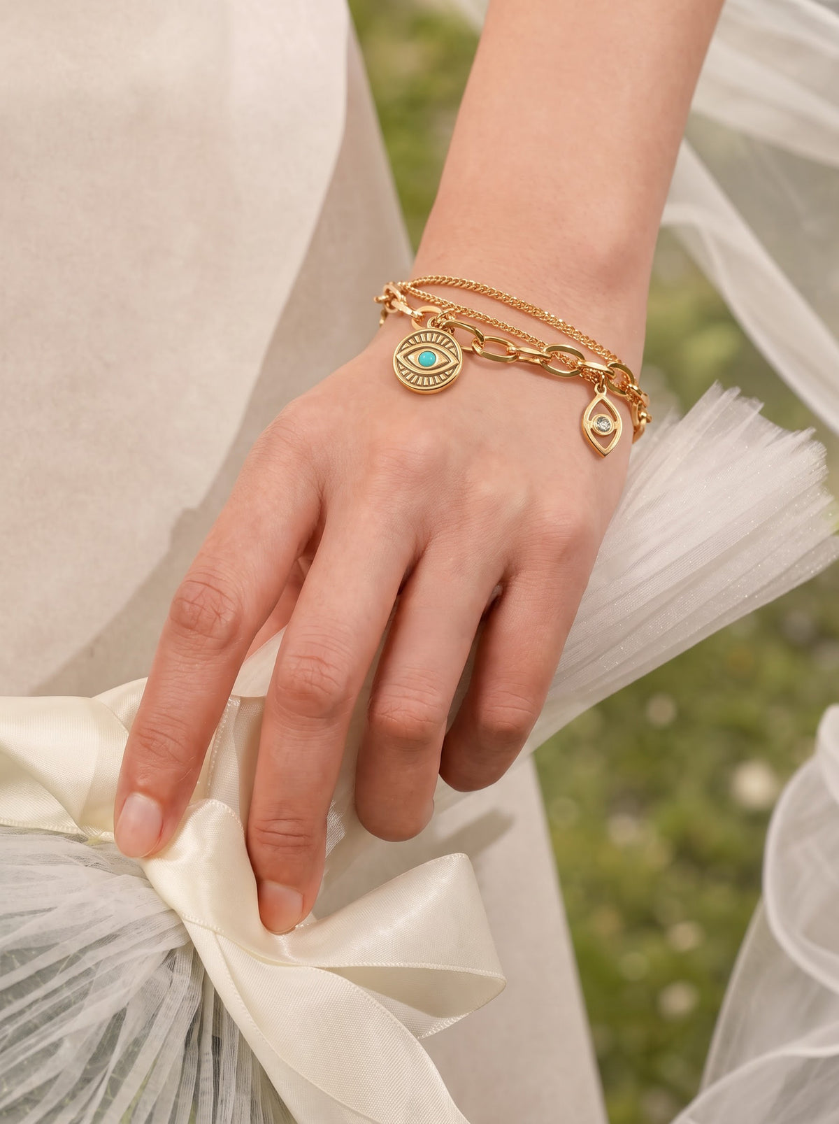 Larla Turquoise Evil Eye Charms Layered Link Curb 18K Gold Plated Women's Loose Chain Bracelet