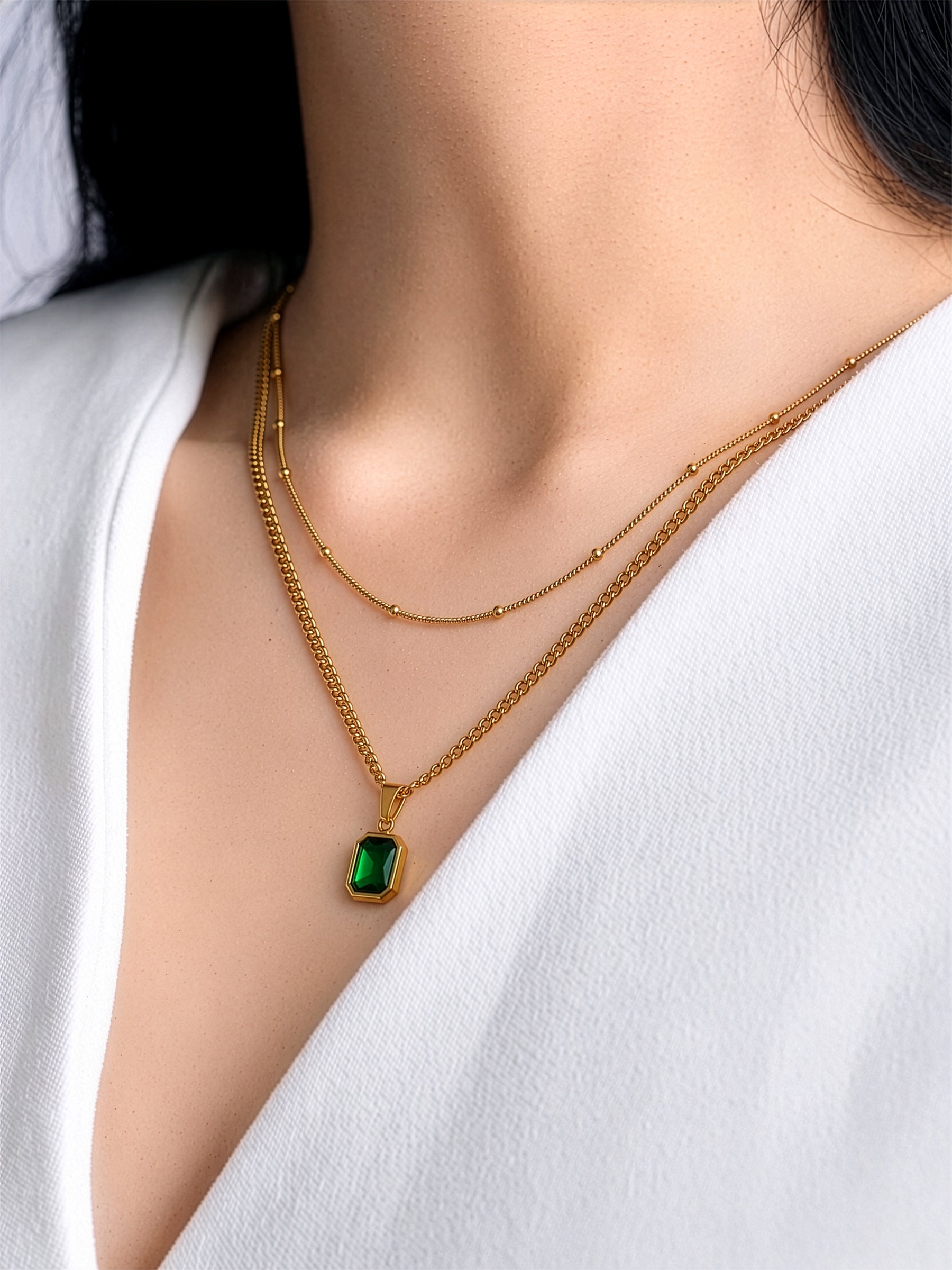 Lavena Green Emerald Stone Classic Link Chain 18K Gold Plated Women's Layered Chain Pendant Necklace
