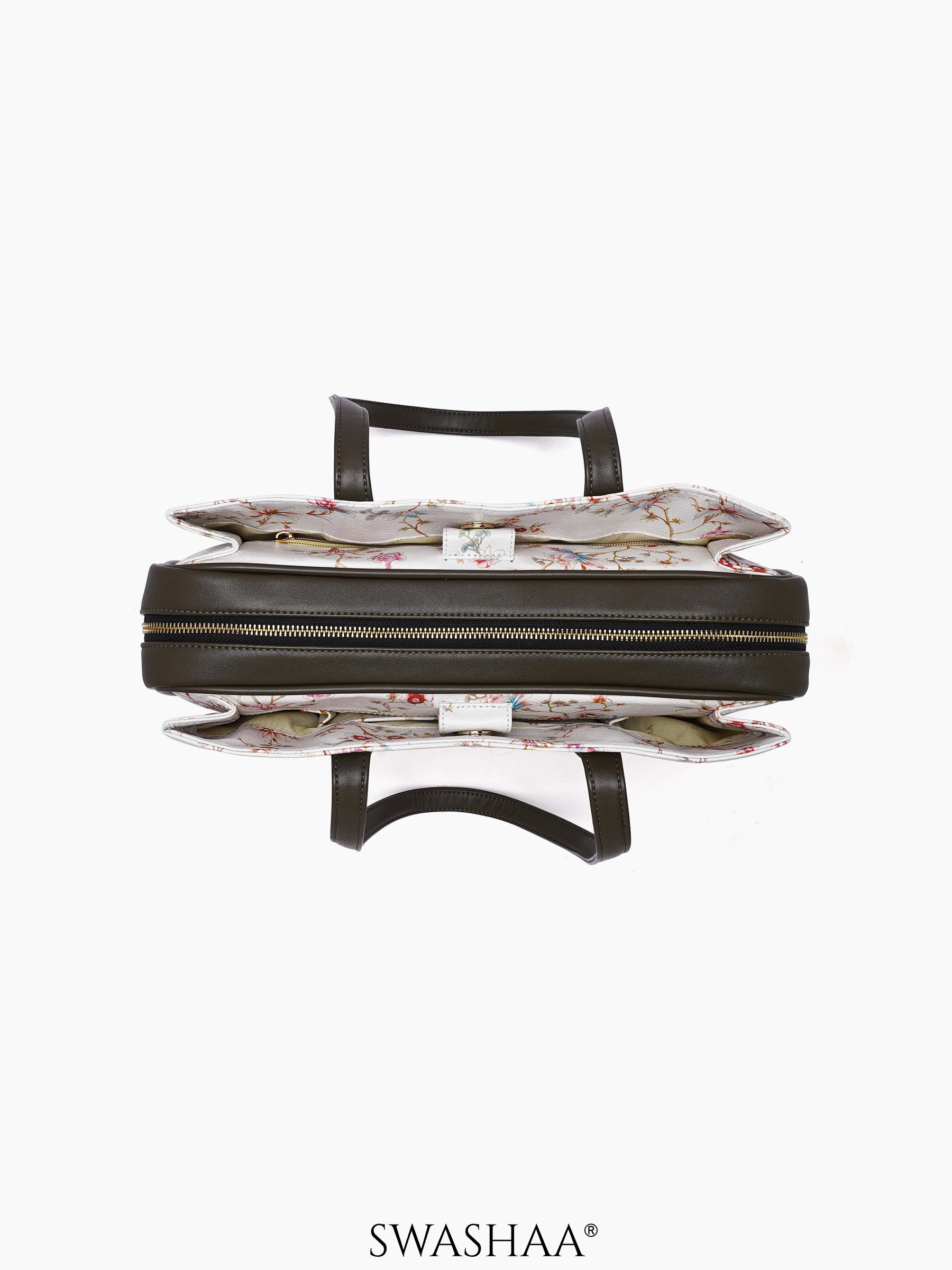 Lavish Loom White Floral Olive Green Women's Leather Tote Bag