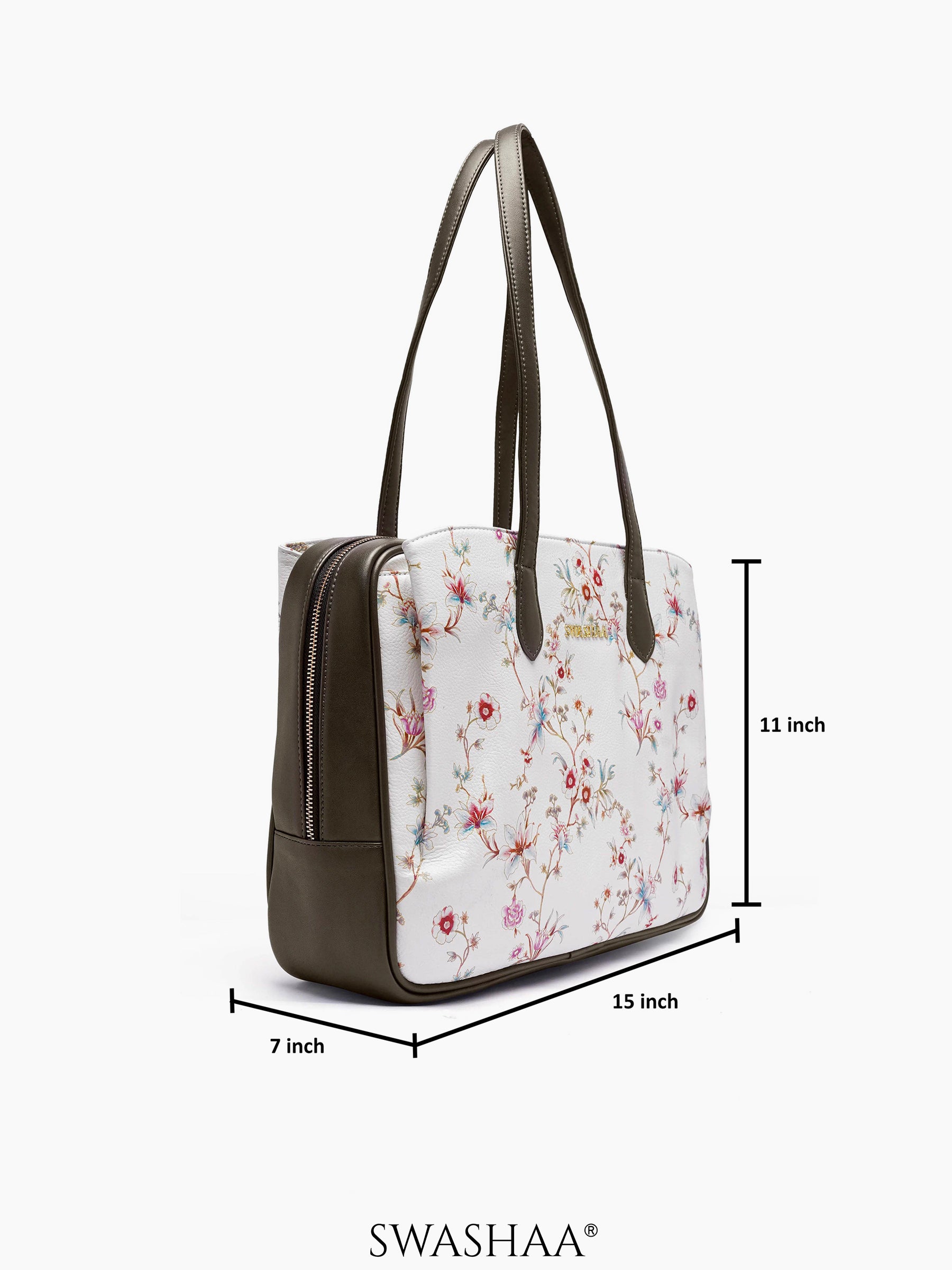 Lavish Loom White Floral Olive Green Women's Leather Tote Bag