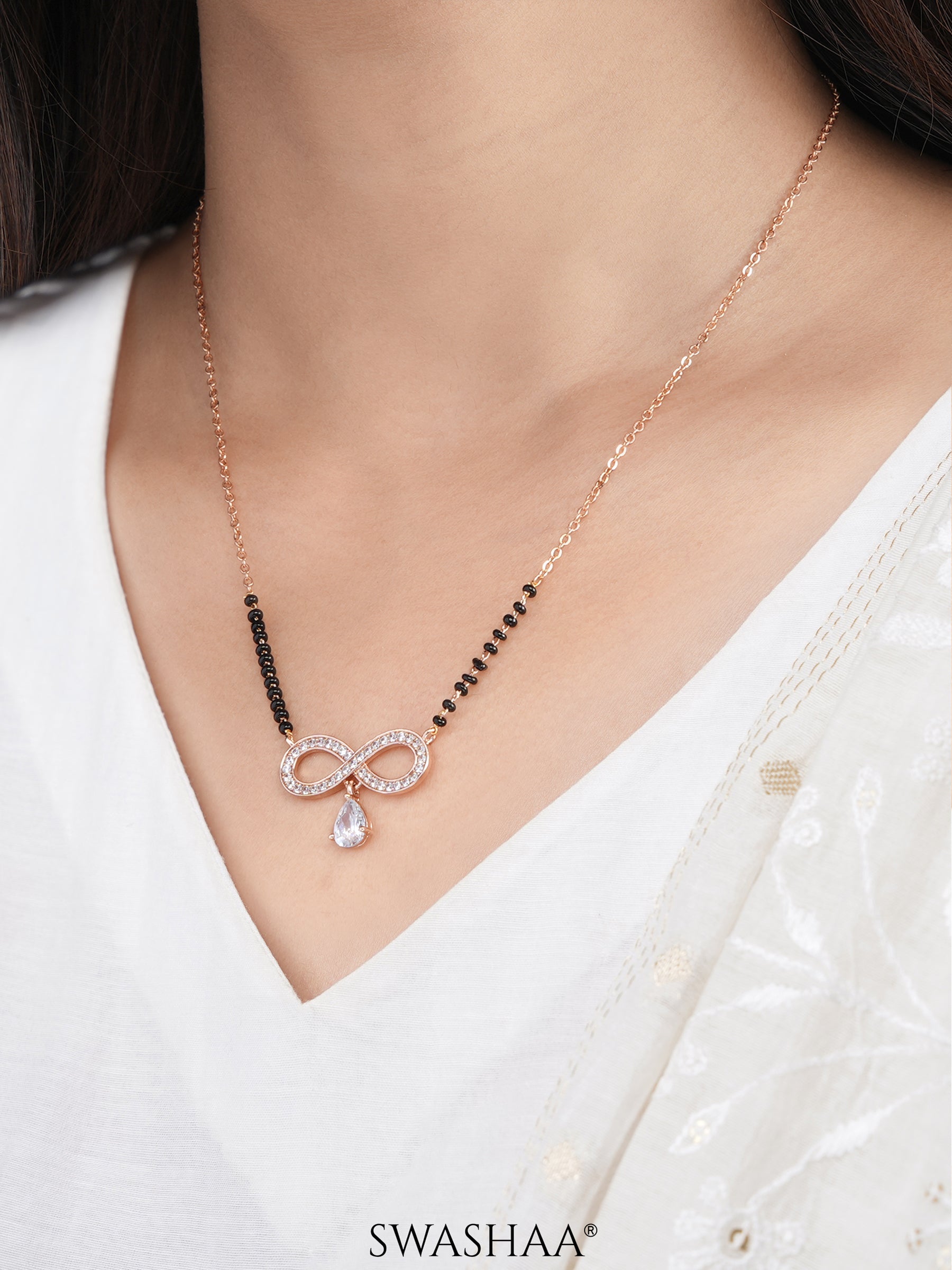 Lavya Infinity Hanging Diamond Charm Rosegold Plated Pendant Mangalsutra