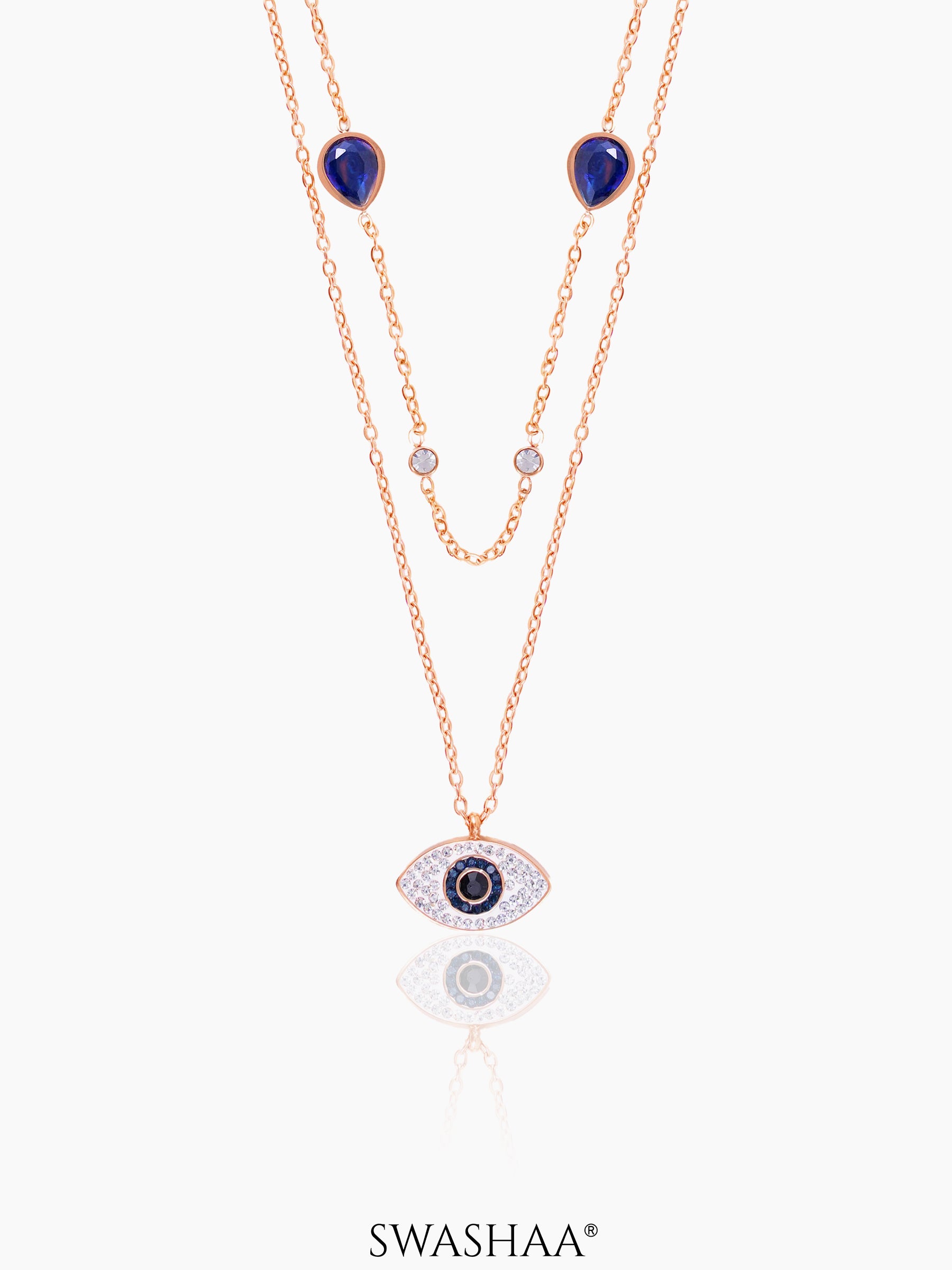 Layered Blue Evil Eye Rosegold Plated Chain Pendant Necklace