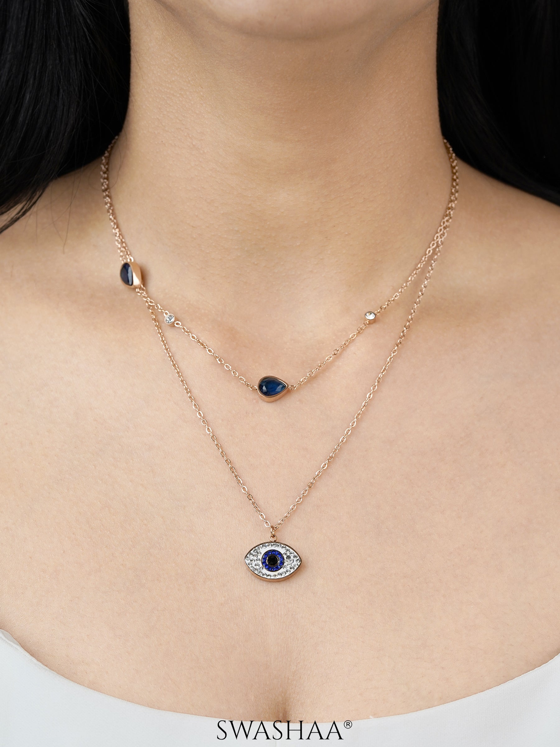Layered Blue Evil Eye Rosegold Plated Chain Pendant Necklace
