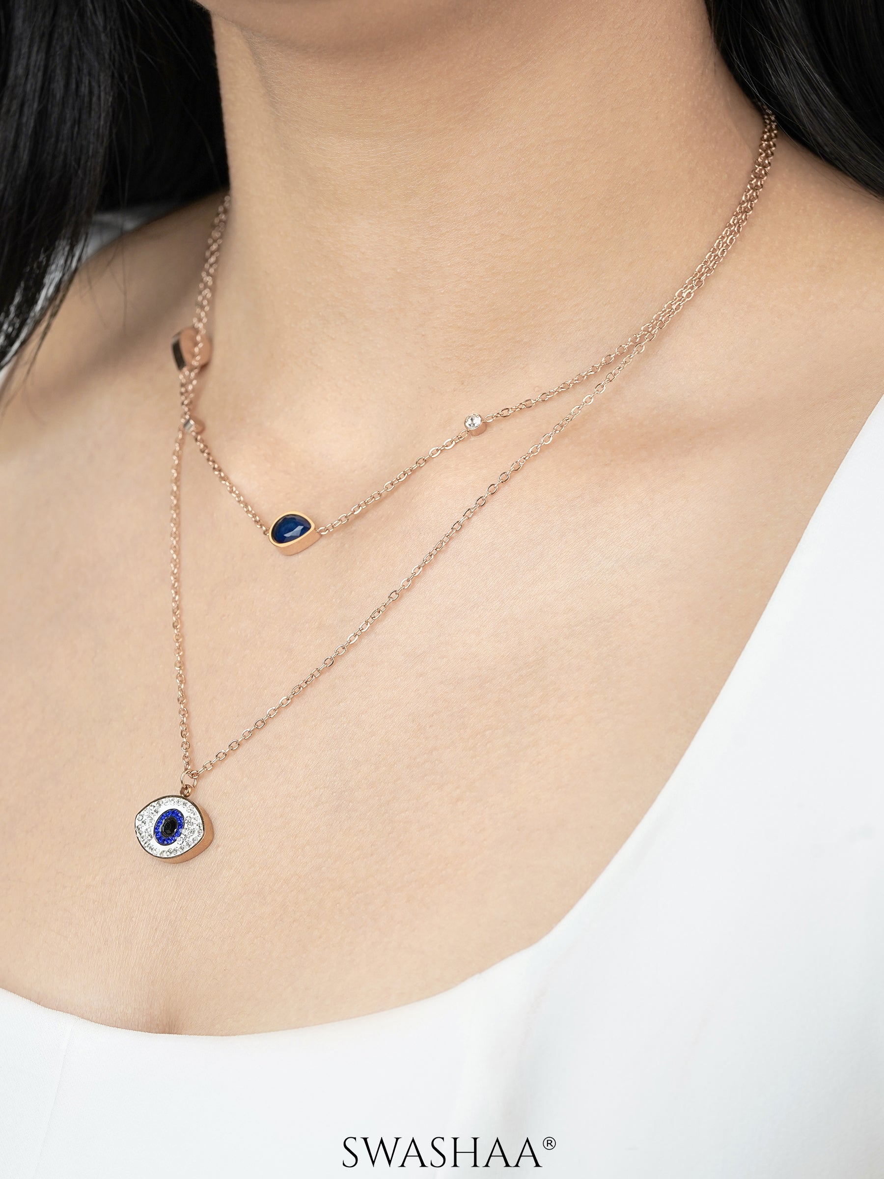 Layered Blue Evil Eye Rosegold Plated Chain Pendant Necklace
