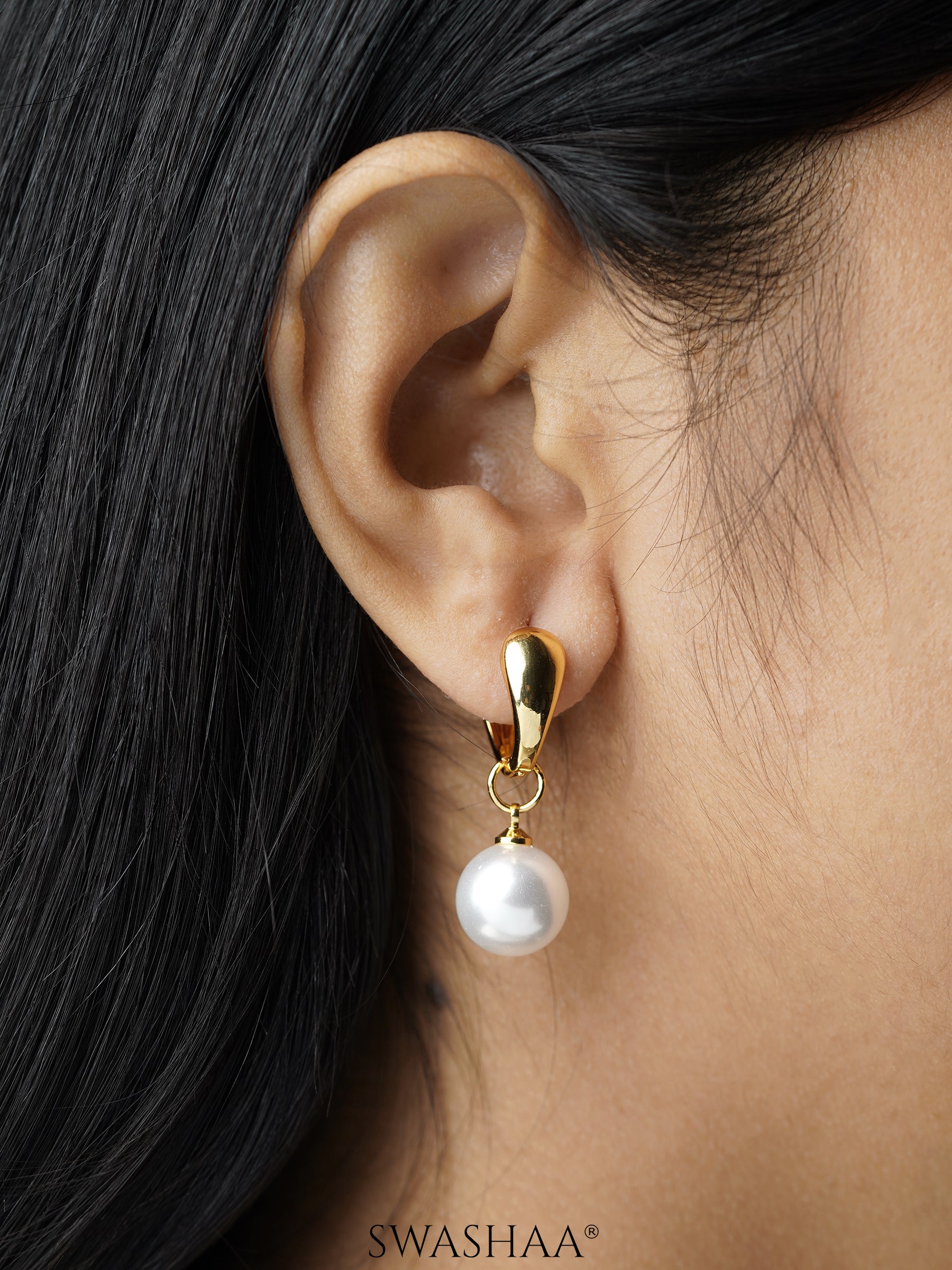 Lenore Teardrop Hinge Pearl 18K Gold Plated Hoop Earrings