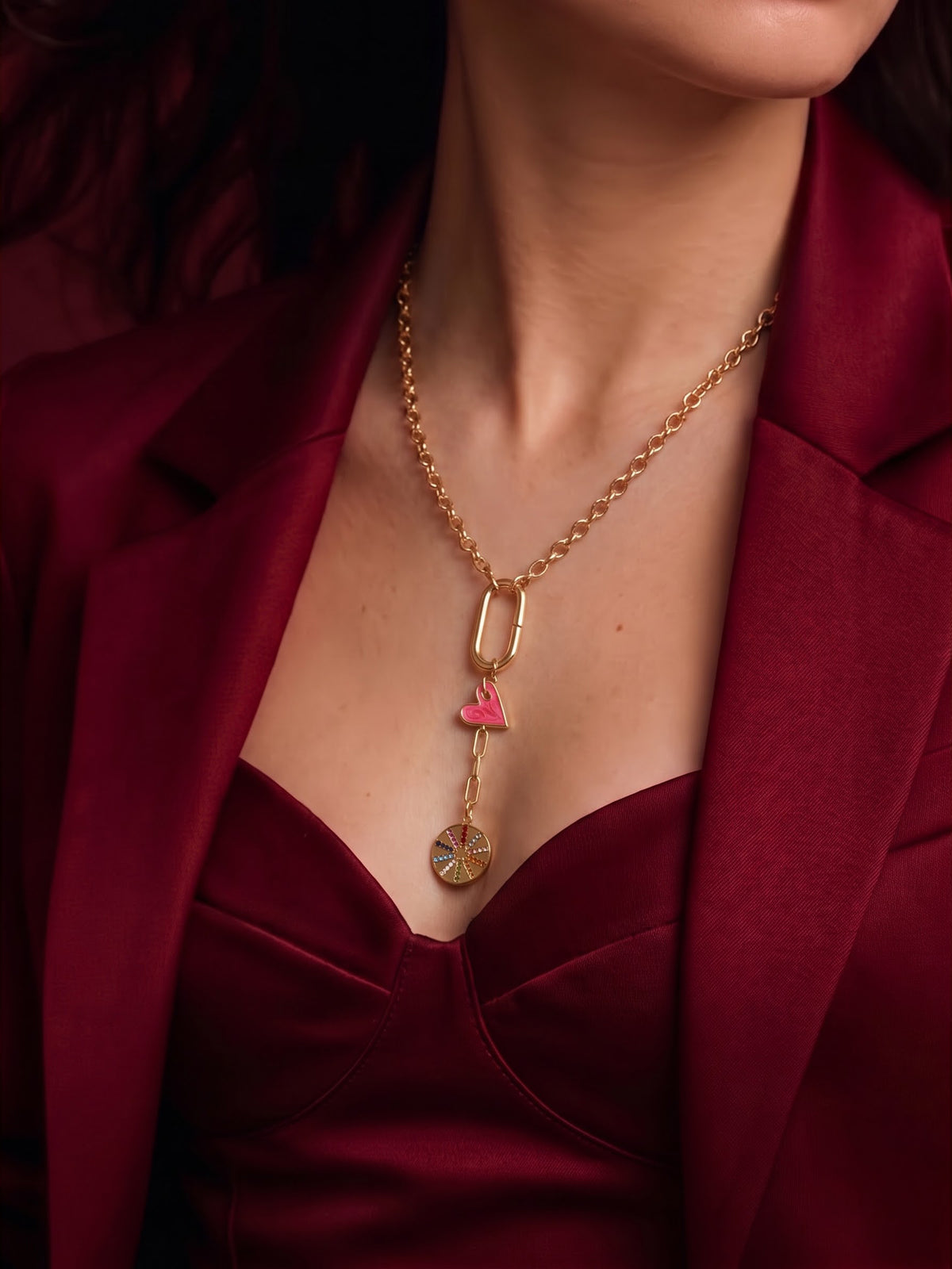 Levity Red Heart Star Multi Diamond 18K Gold Plated Women's Chain Pendant Necklaces