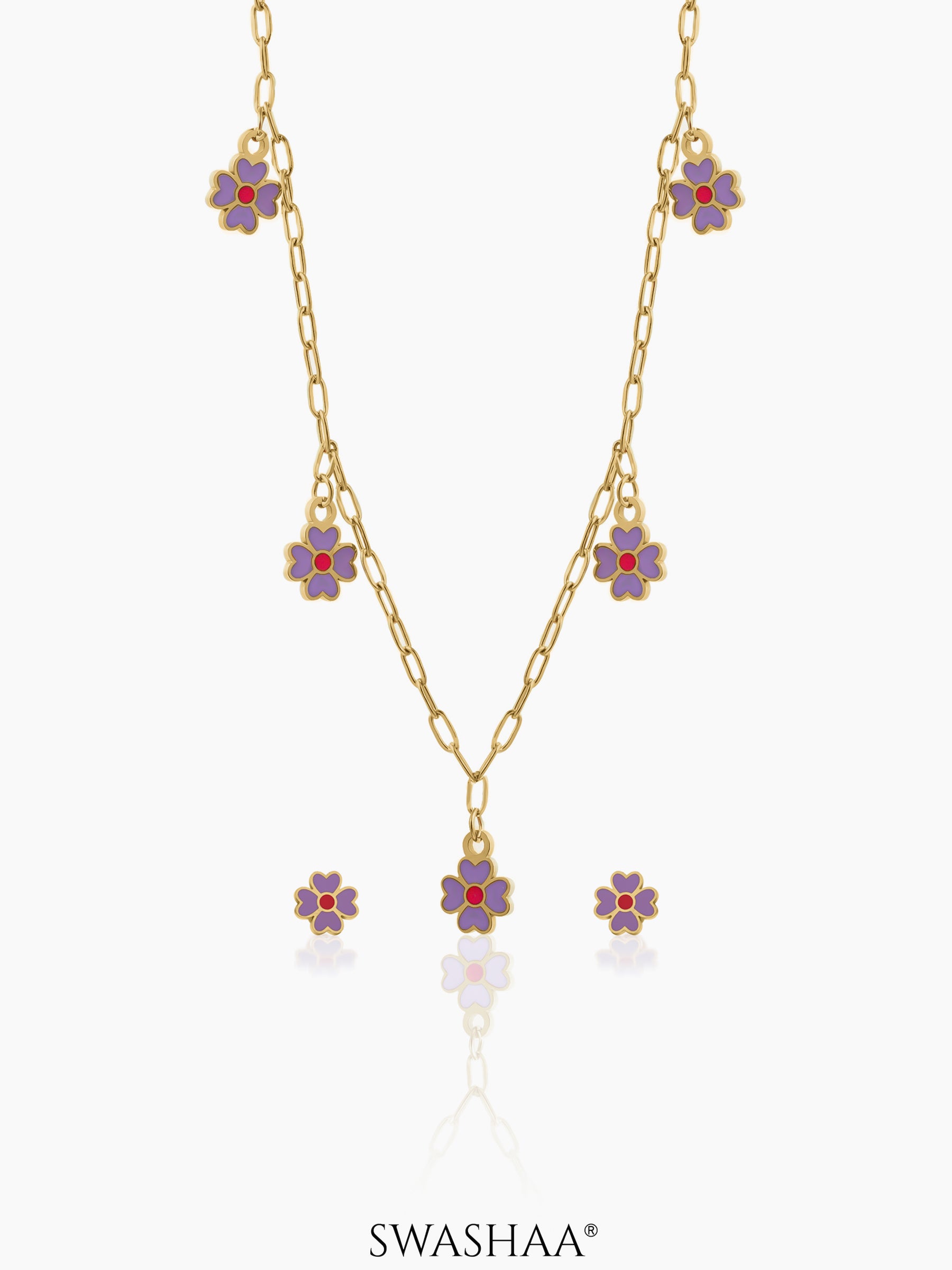 Lilac Flower Charms Kid's Jewelry Set Of 2 - Necklace & Earrings