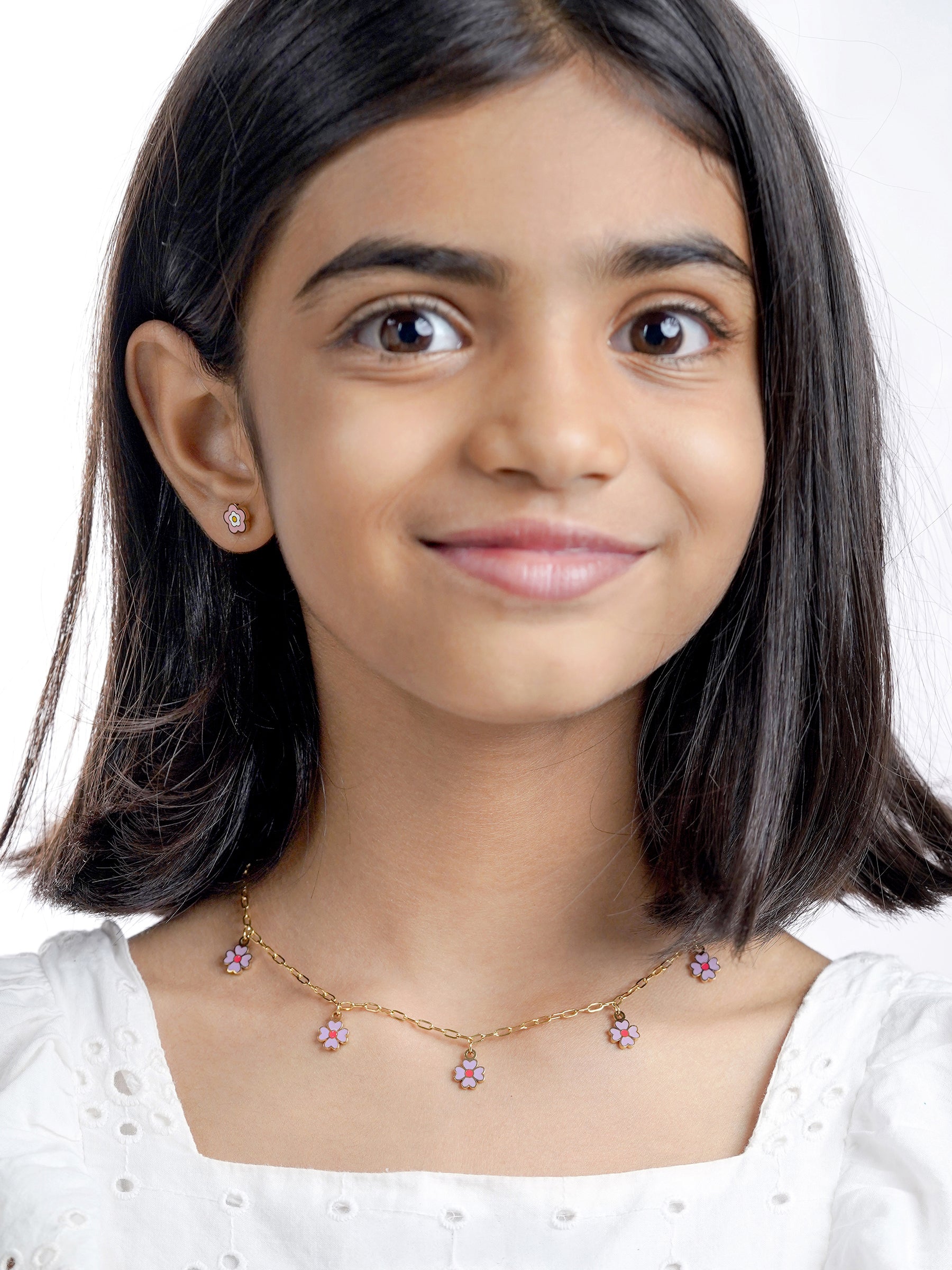 Lilac Flower Charms Kid's Jewelry Set Of 2 - Necklace & Stud Earrings