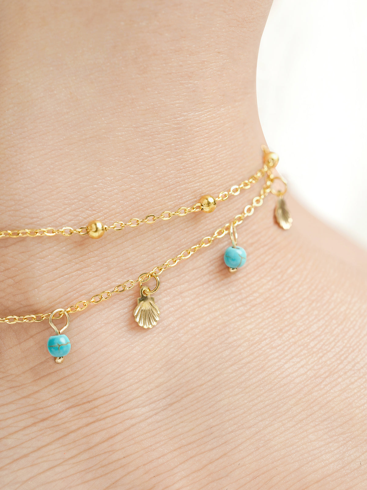 Lina Joyshell Layered Turquoise Beads Charms 18K Gold Plated Women's Anklet