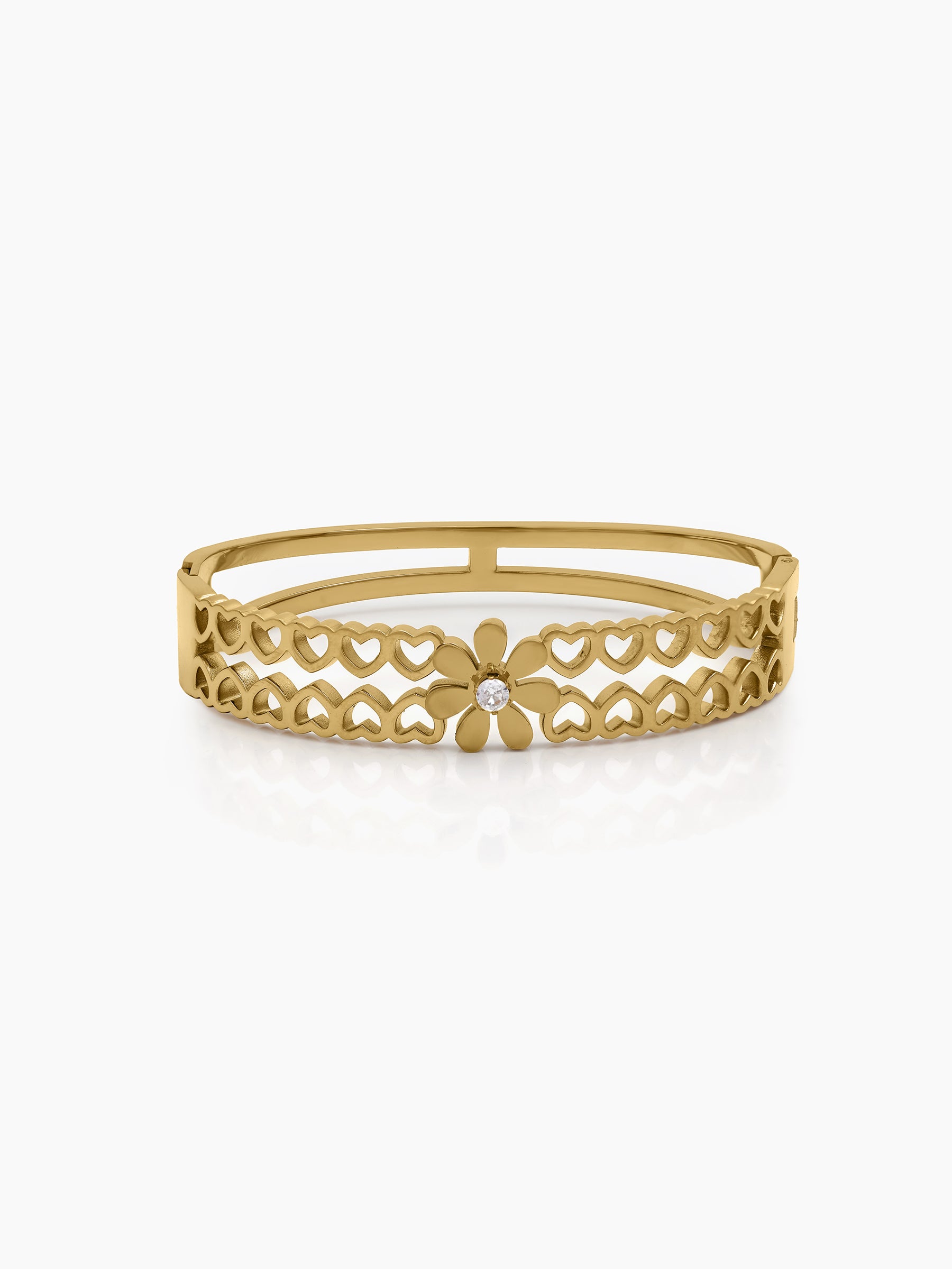 Linora Heart Flower Grace Diamond Solitaire 18K Gold Plated Women's Solid Band Bracelet