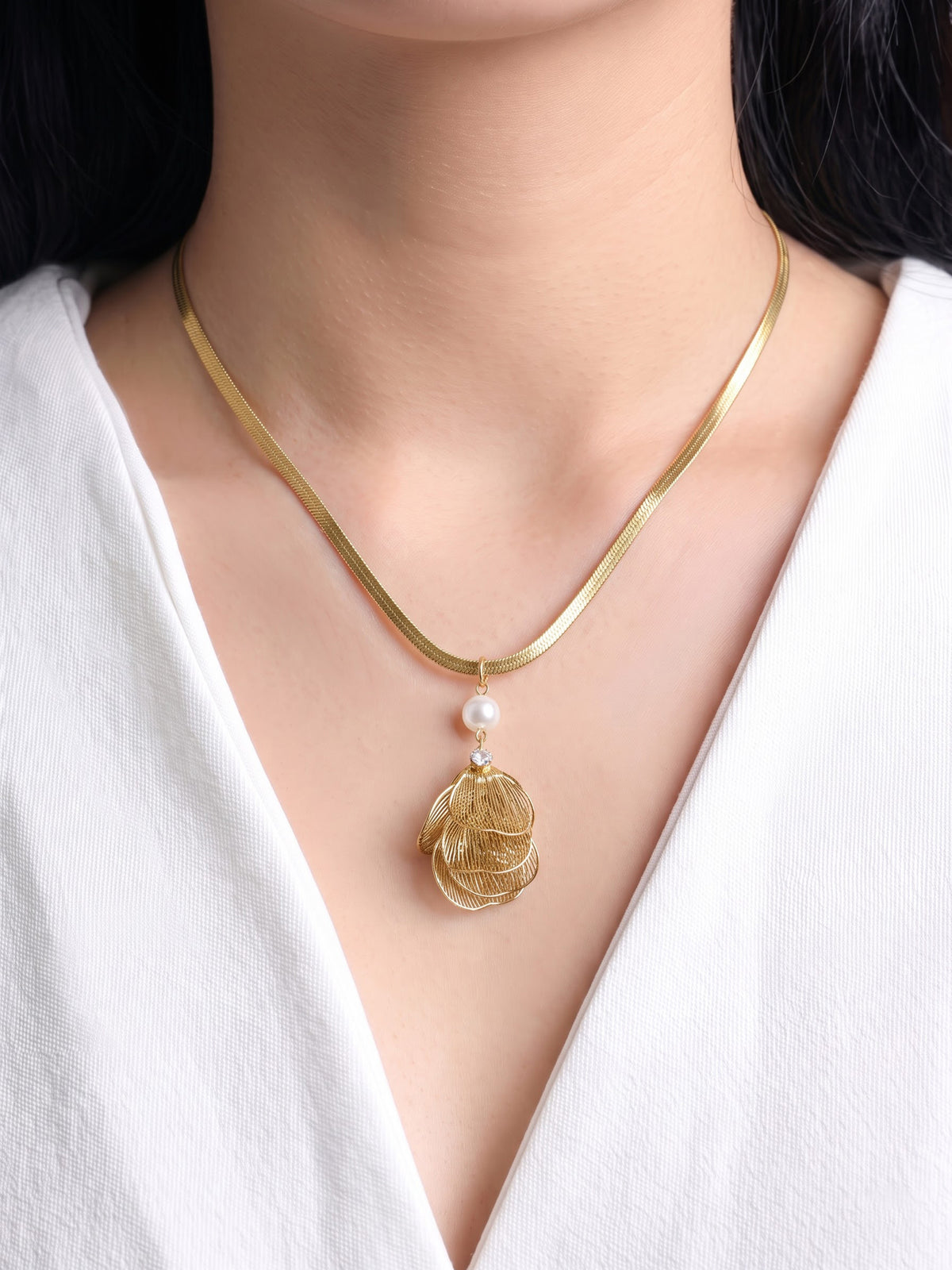 Liressa Pearl Diamond 18K Gold Plated Women's Chain Pendant Necklace