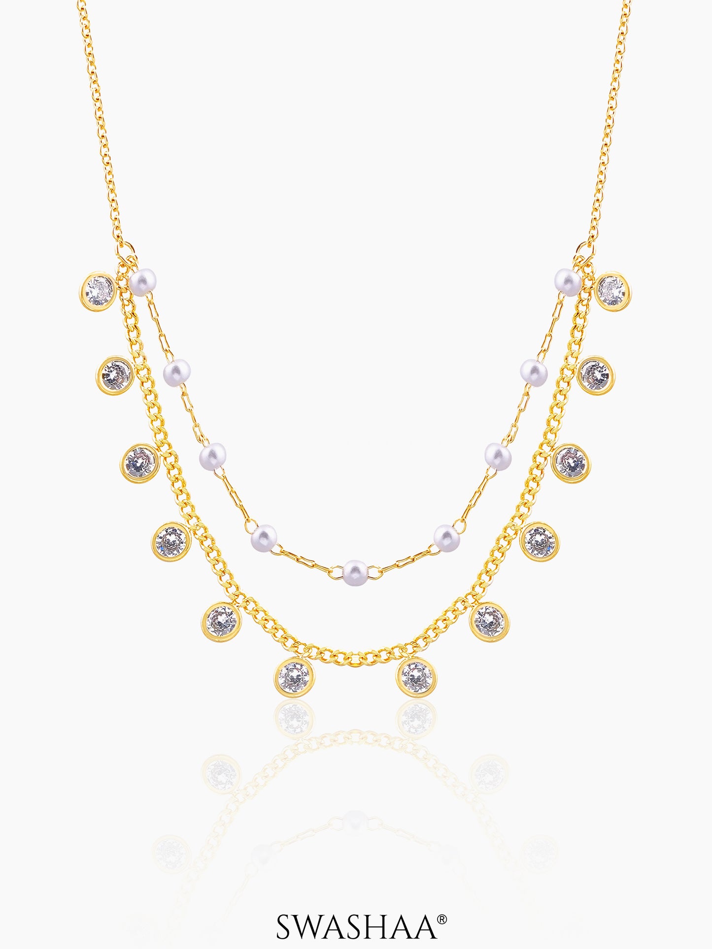 Liza Pearl Lariat Diamond Charms 18K Gold Plated Choker Layered Necklace