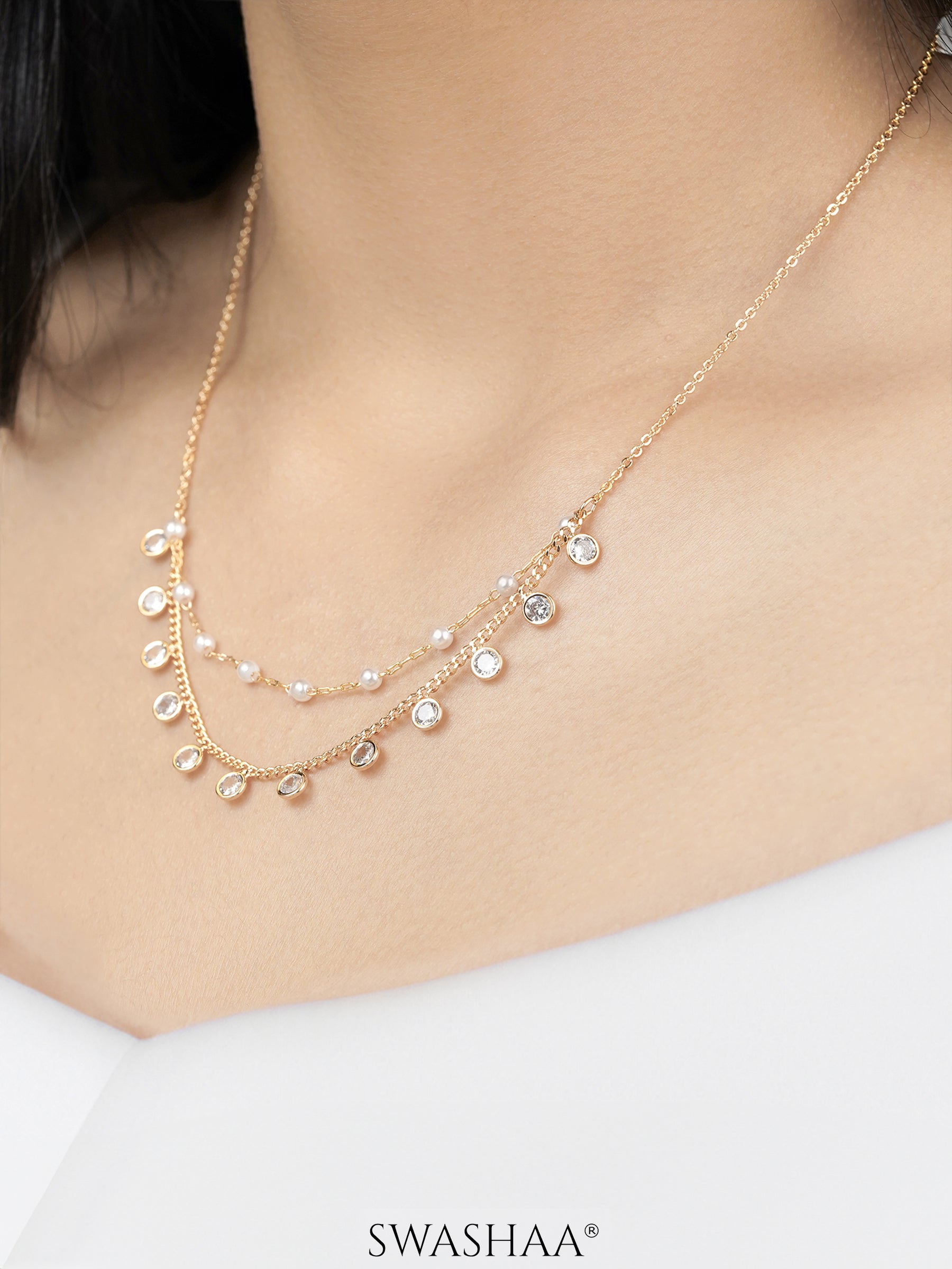 Liza Pearl Lariat Diamond Charms 18K Gold Plated Choker Layered Necklace